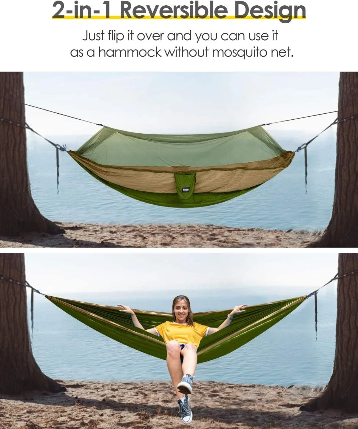 Single & Double Camping Hammock with Net Mosquito/Bug | Included Tree Straps and Carabiners, Parachute Nylon | Easy Assembly, Lightweight, Portable | Indoor Outdoor Backpacking - Twin size, Green Army