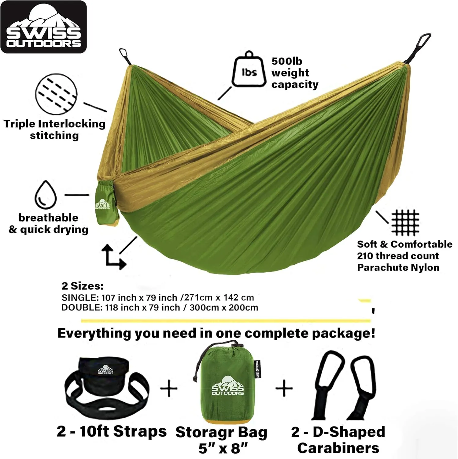 Single & Double Camping Hammock with Net Mosquito/Bug | Included Tree Straps and Carabiners, Parachute Nylon | Easy Assembly, Lightweight, Portable | Indoor Outdoor Backpacking - Twin size, Green Army