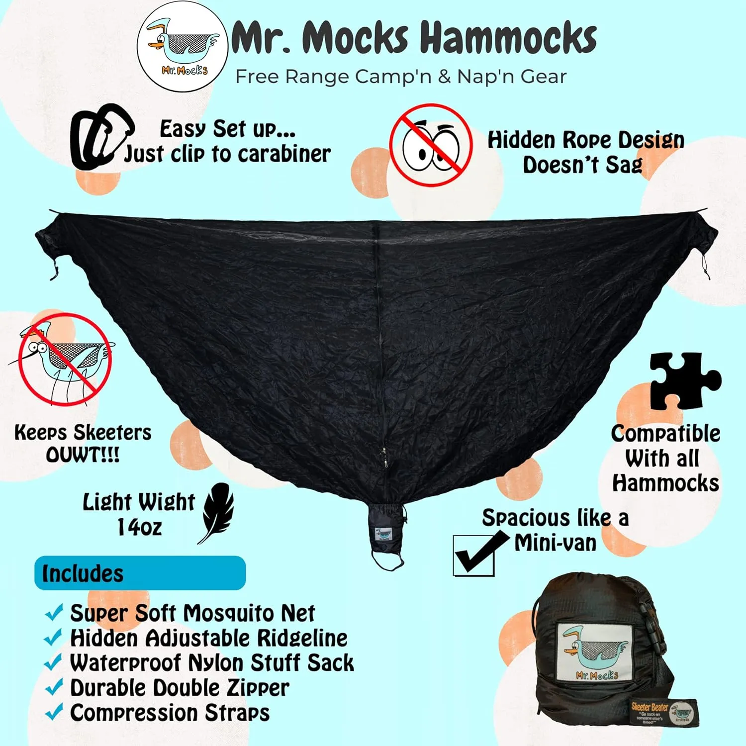 Skeeter Beater | Camping Hammock Mosquito net | Premium Quality Bug net with Waterproof Bag | Mesh Netting w/Double-Sided Zipper | Essential Camping Gear |