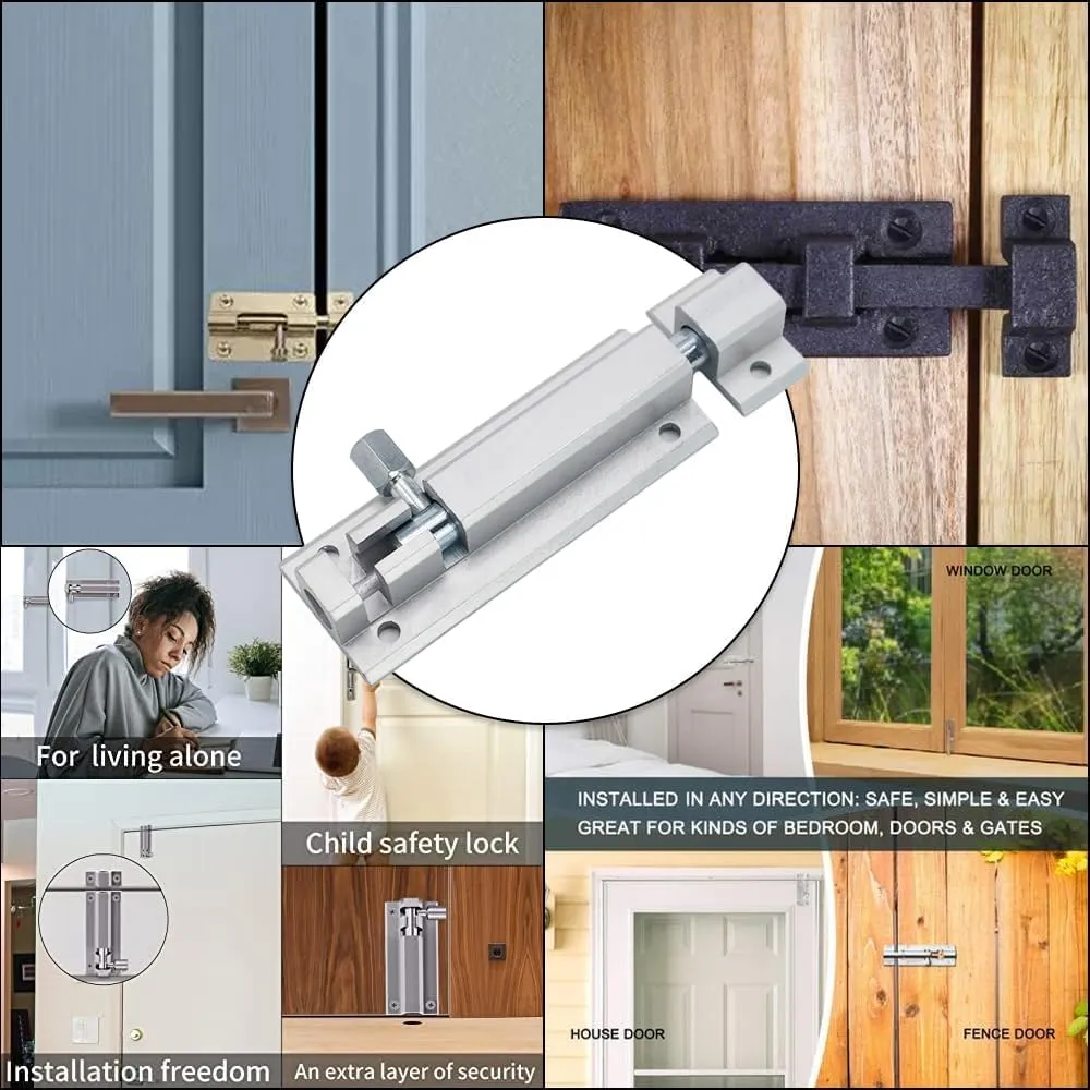 Slide Door Bolt Latch, Barrel Bolt with Aluminium Alloy Base Stainless Steel Latch Core, Heavy Duty Solid Gate Sliding Latch Lock Security Guard Hardware, Included Screws, 4.56in - 4pack