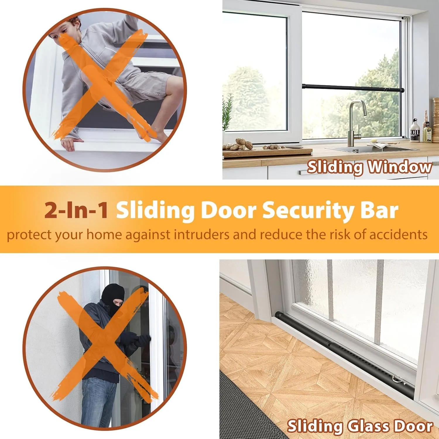 Sliding Door Security Bar 18"-51", Adjustable Sliding Door Lock Security Bar, Window Security Bars Inside for Sliding Glass Door Home Apartment Safety, Burglar Proof, Black, 2 Pack