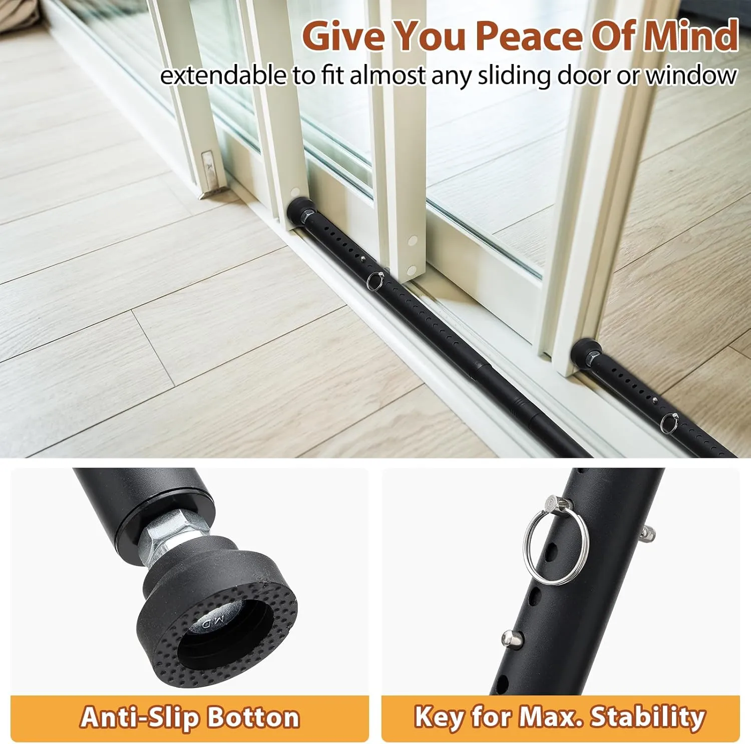 Sliding Door Security Bar 18"-51", Adjustable Sliding Door Lock Security Bar, Window Security Bars Inside for Sliding Glass Door Home Apartment Safety, Burglar Proof, Black, 2 Pack
