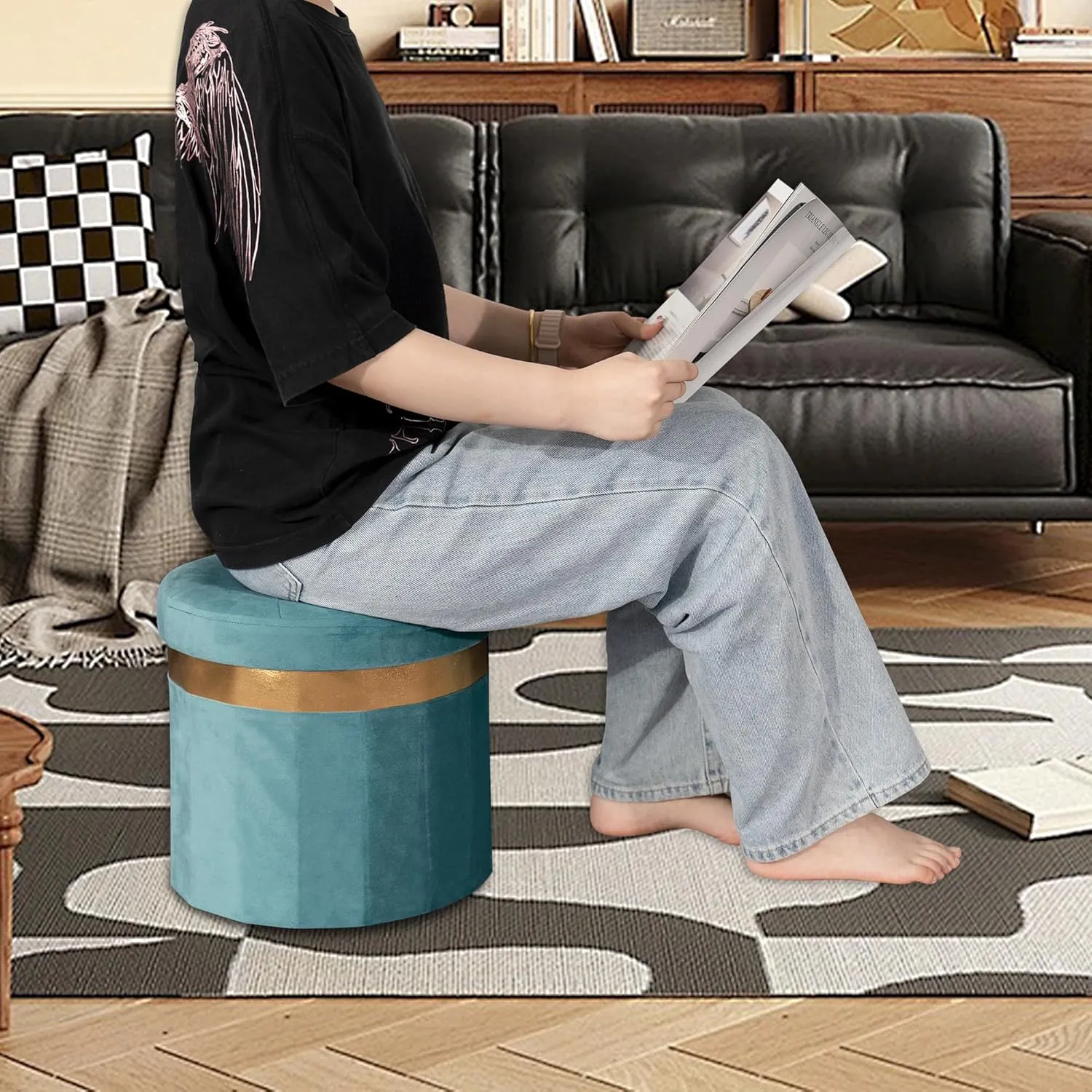 Small Ottoman with Storage,Folding Round Ottoman with Gold Trim,Velvet Storage Stool,Foot Stool with Soft Padded,Foot Rest for Living Room13“x13”x12.4(Blue,2pcs)