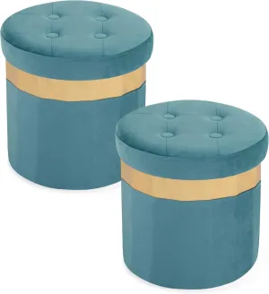 Small Ottoman with Storage,Folding Round Ottoman with Gold Trim,Velvet Storage Stool,Foot Stool with Soft Padded,Foot Rest for Living Room13“x13”x12.4(Blue,2pcs)
