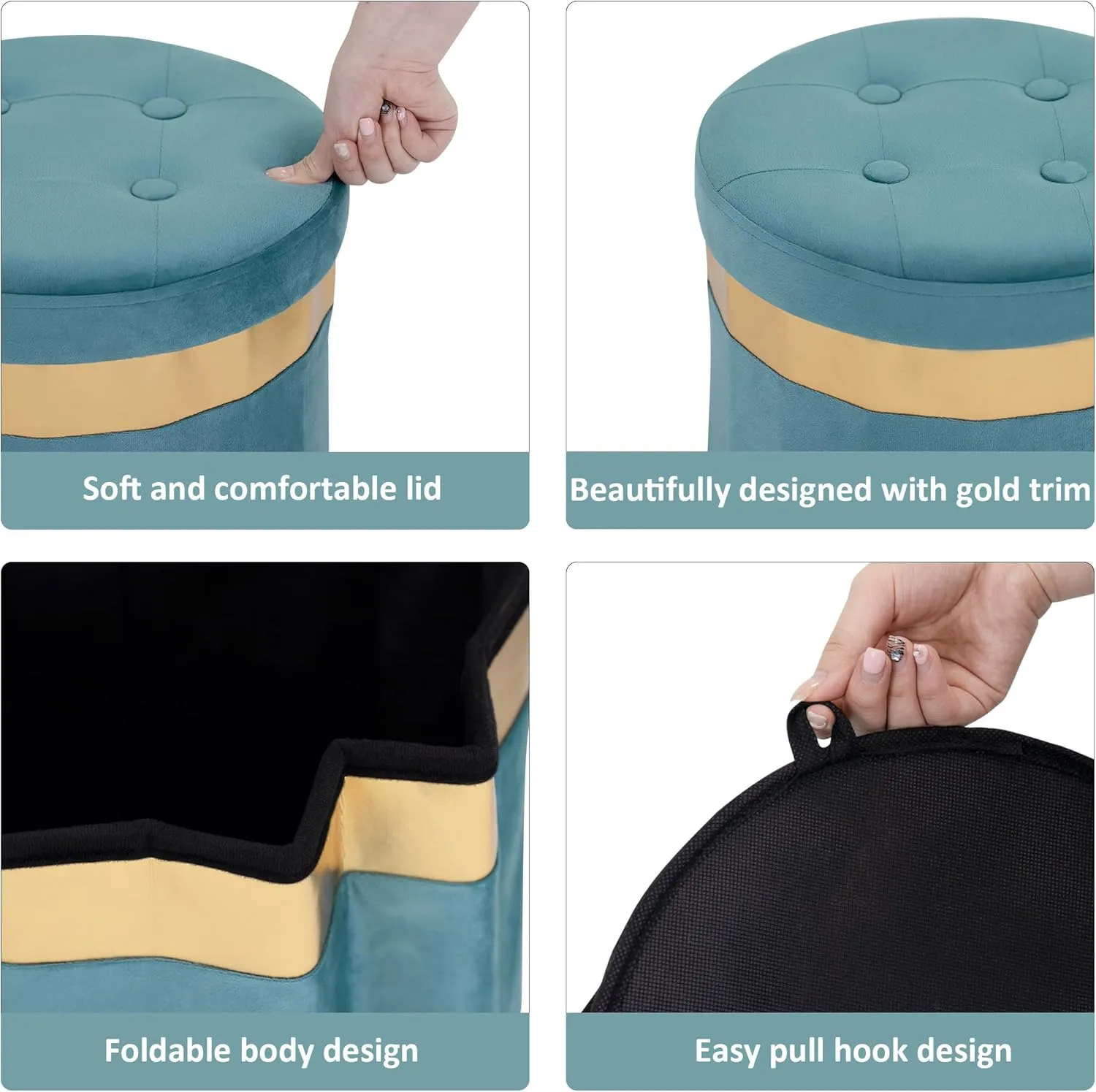 Small Ottoman with Storage,Folding Round Ottoman with Gold Trim,Velvet Storage Stool,Foot Stool with Soft Padded,Foot Rest for Living Room13“x13”x12.4(Blue,2pcs)
