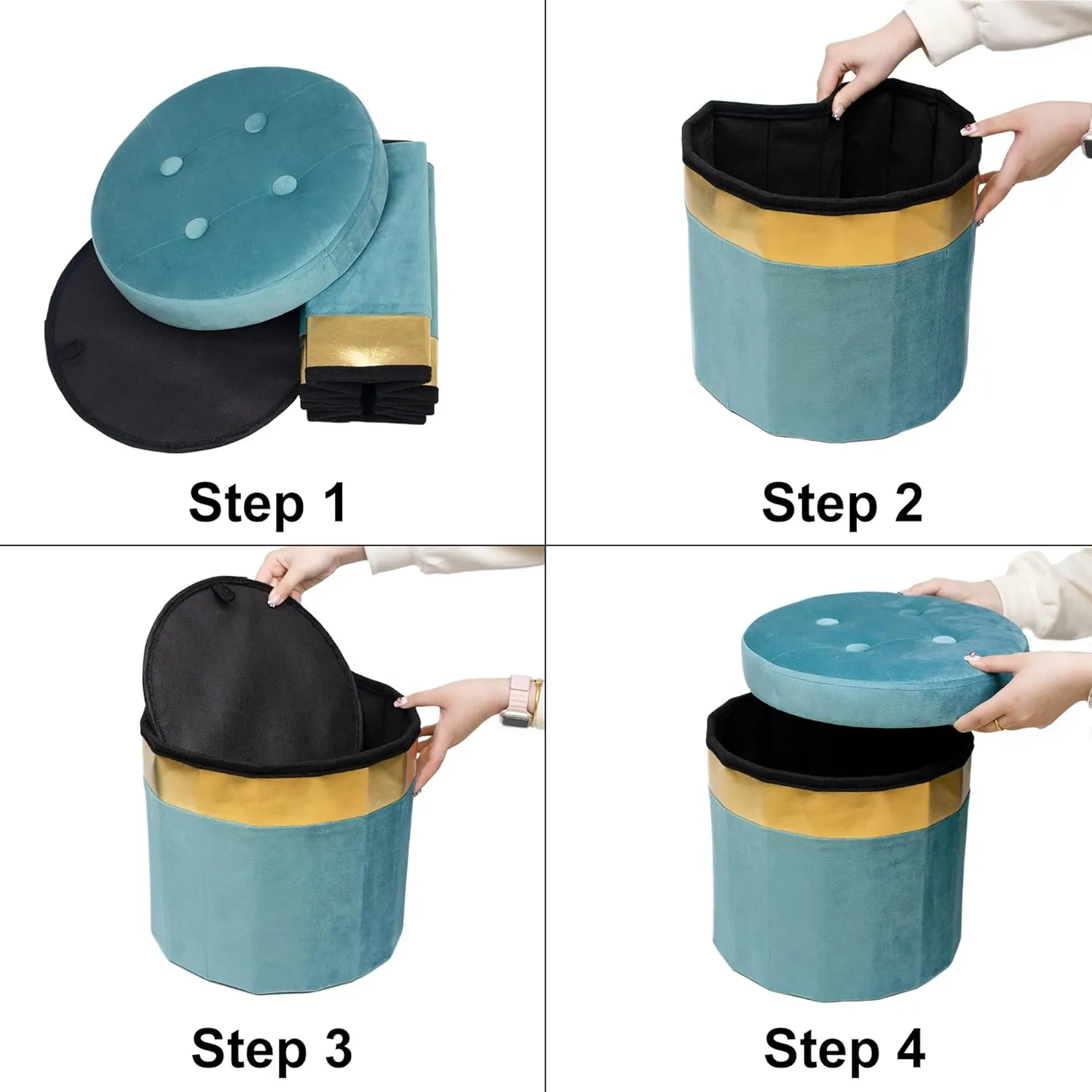 Small Ottoman with Storage,Folding Round Ottoman with Gold Trim,Velvet Storage Stool,Foot Stool with Soft Padded,Foot Rest for Living Room13“x13”x12.4(Blue,2pcs)