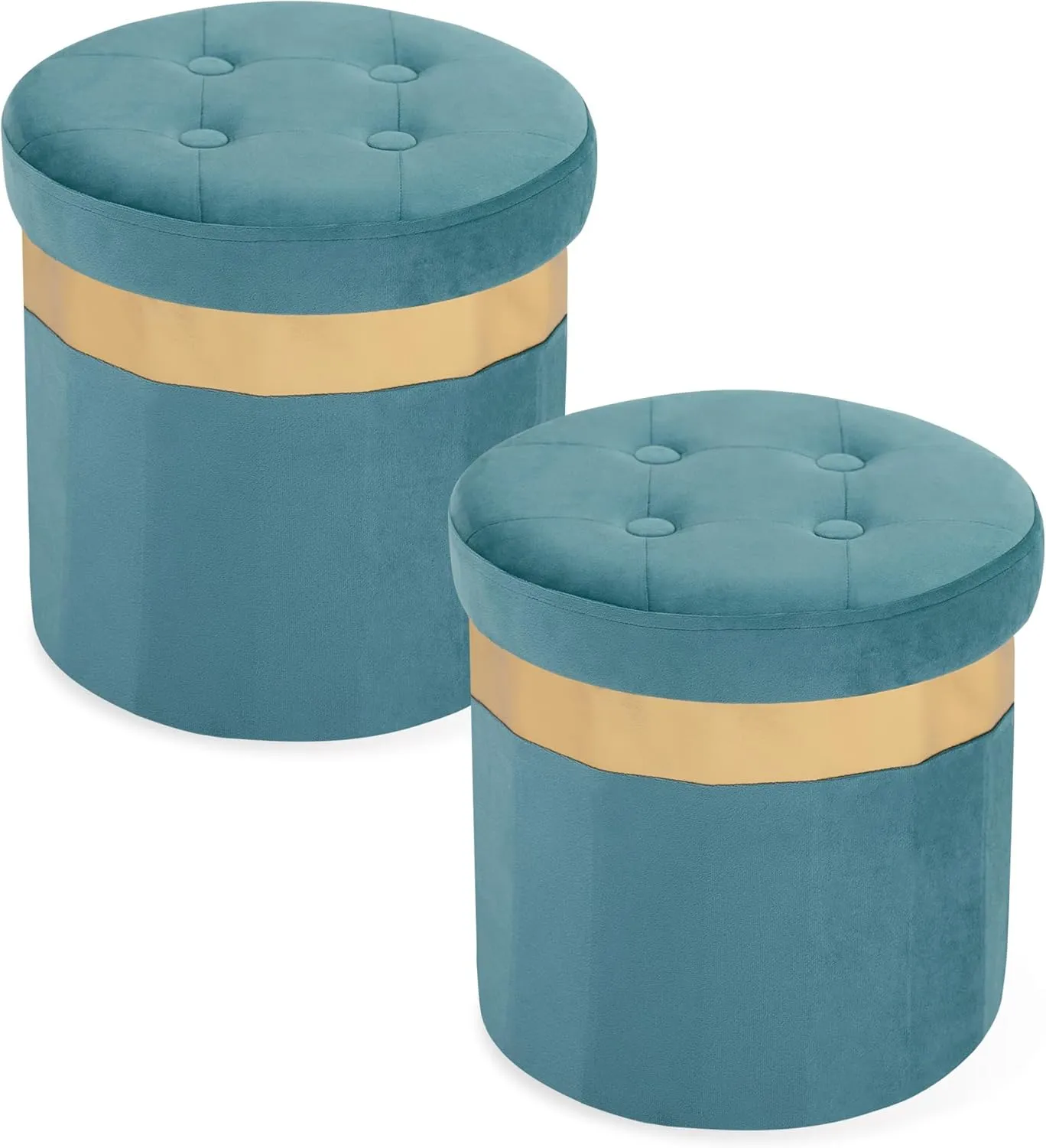 Small Ottoman with Storage,Folding Round Ottoman with Gold Trim,Velvet Storage Stool,Foot Stool with Soft Padded,Foot Rest for Living Room13“x13”x12.4(Blue,2pcs)