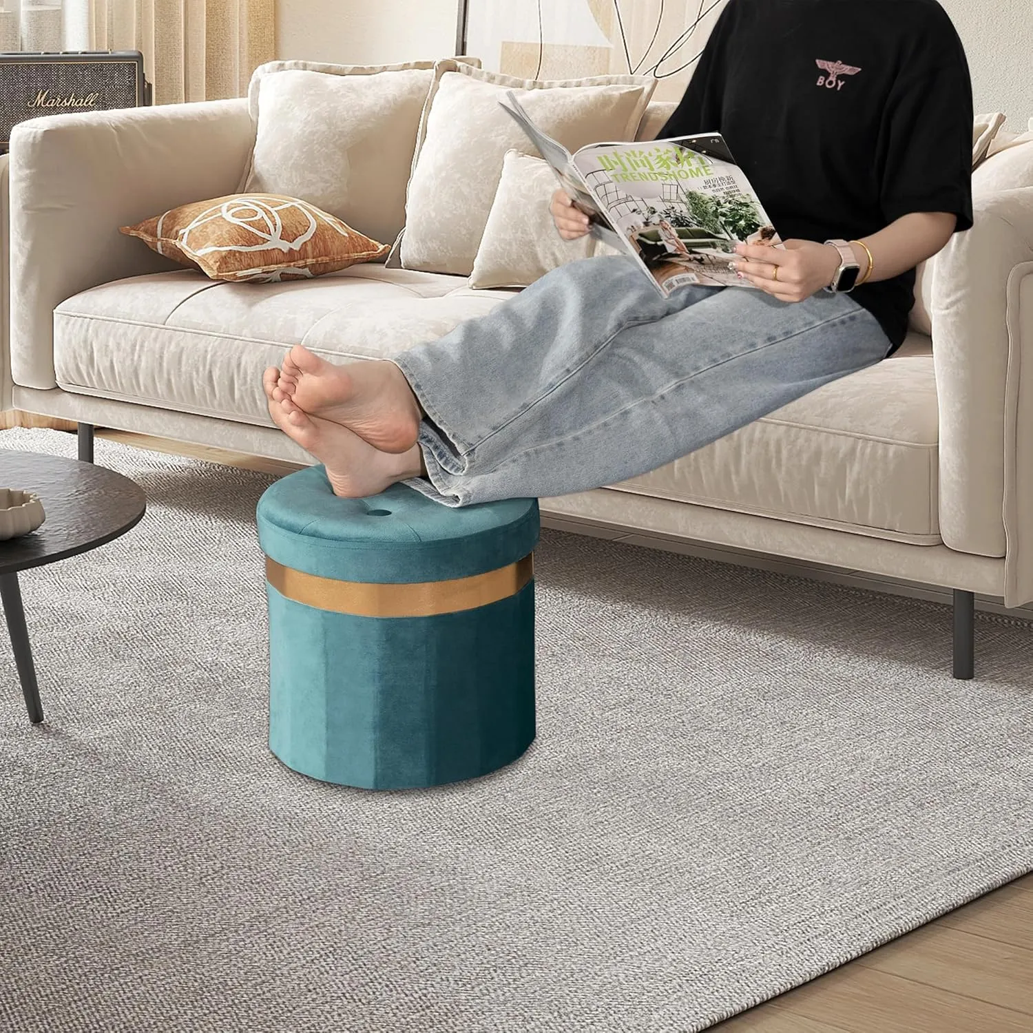 Small Ottoman with Storage,Folding Round Ottoman with Gold Trim,Velvet Storage Stool,Foot Stool with Soft Padded,Foot Rest for Living Room13“x13”x12.4(Blue,2pcs)