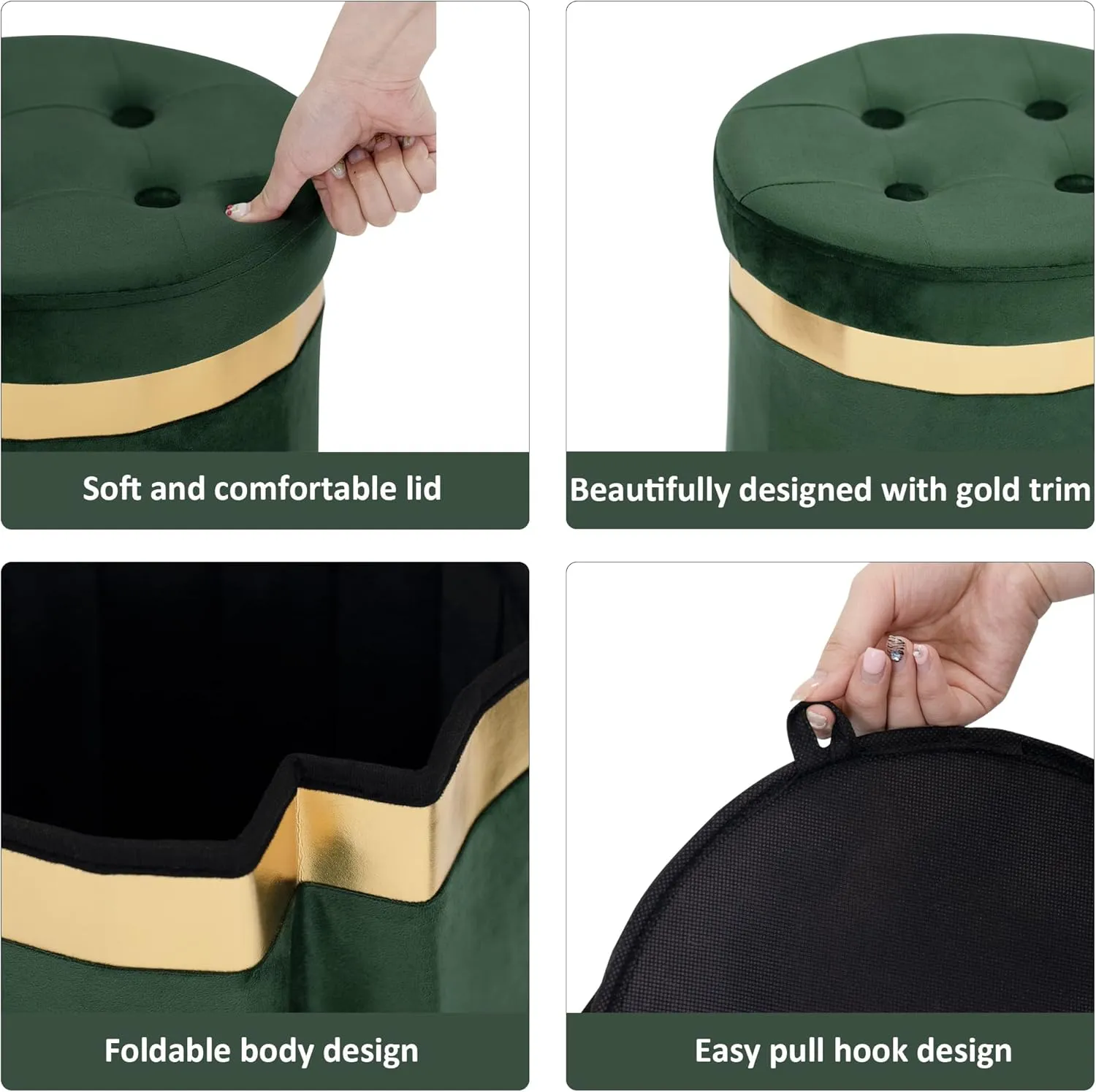 Small Ottoman with Storage,Folding Round Ottoman with Gold Trim,Velvet Storage Stool,Foot Stool with Soft Padded,Foot Rest for Living Room13“x13”x12.4(Green,2pcs)