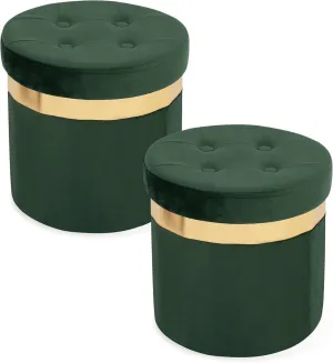Small Ottoman with Storage,Folding Round Ottoman with Gold Trim,Velvet Storage Stool,Foot Stool with Soft Padded,Foot Rest for Living Room13“x13”x12.4(Green,2pcs)