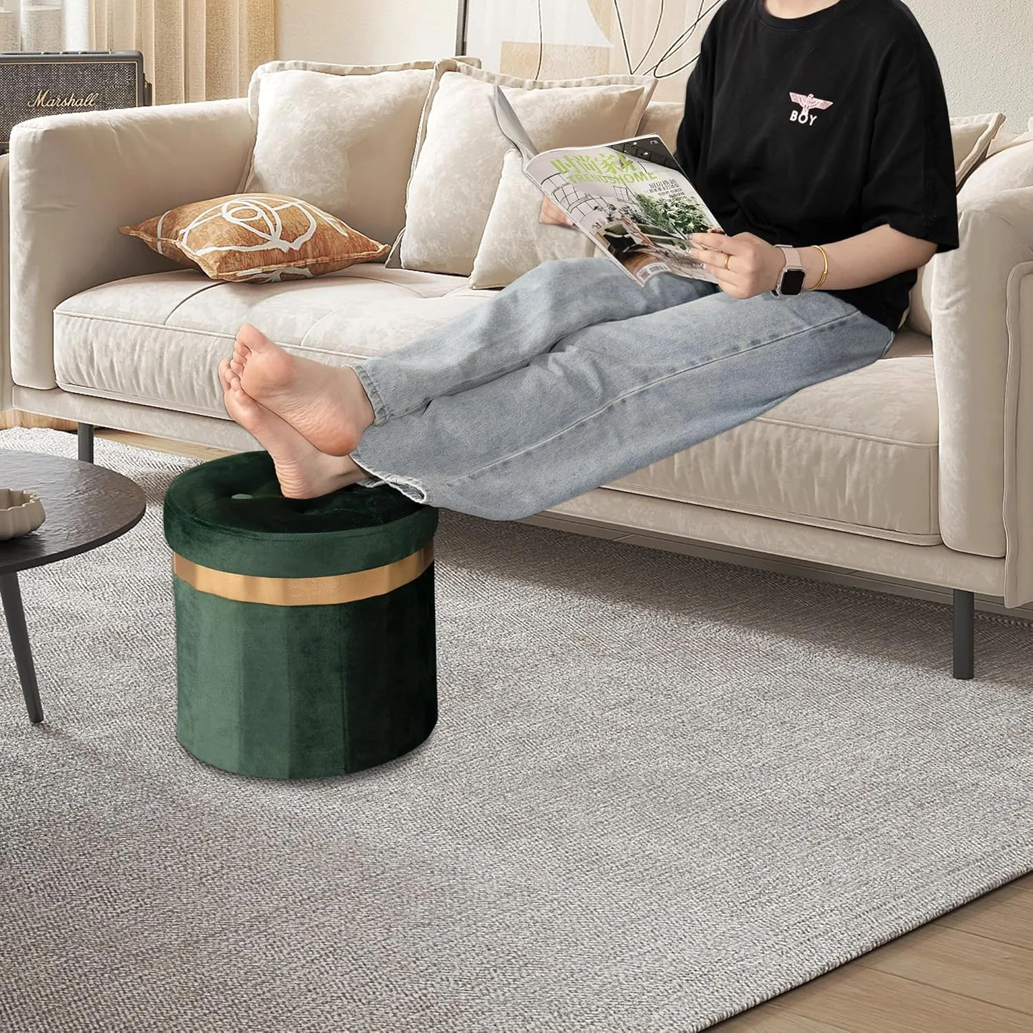 Small Ottoman with Storage,Folding Round Ottoman with Gold Trim,Velvet Storage Stool,Foot Stool with Soft Padded,Foot Rest for Living Room13“x13”x12.4(Green,2pcs)