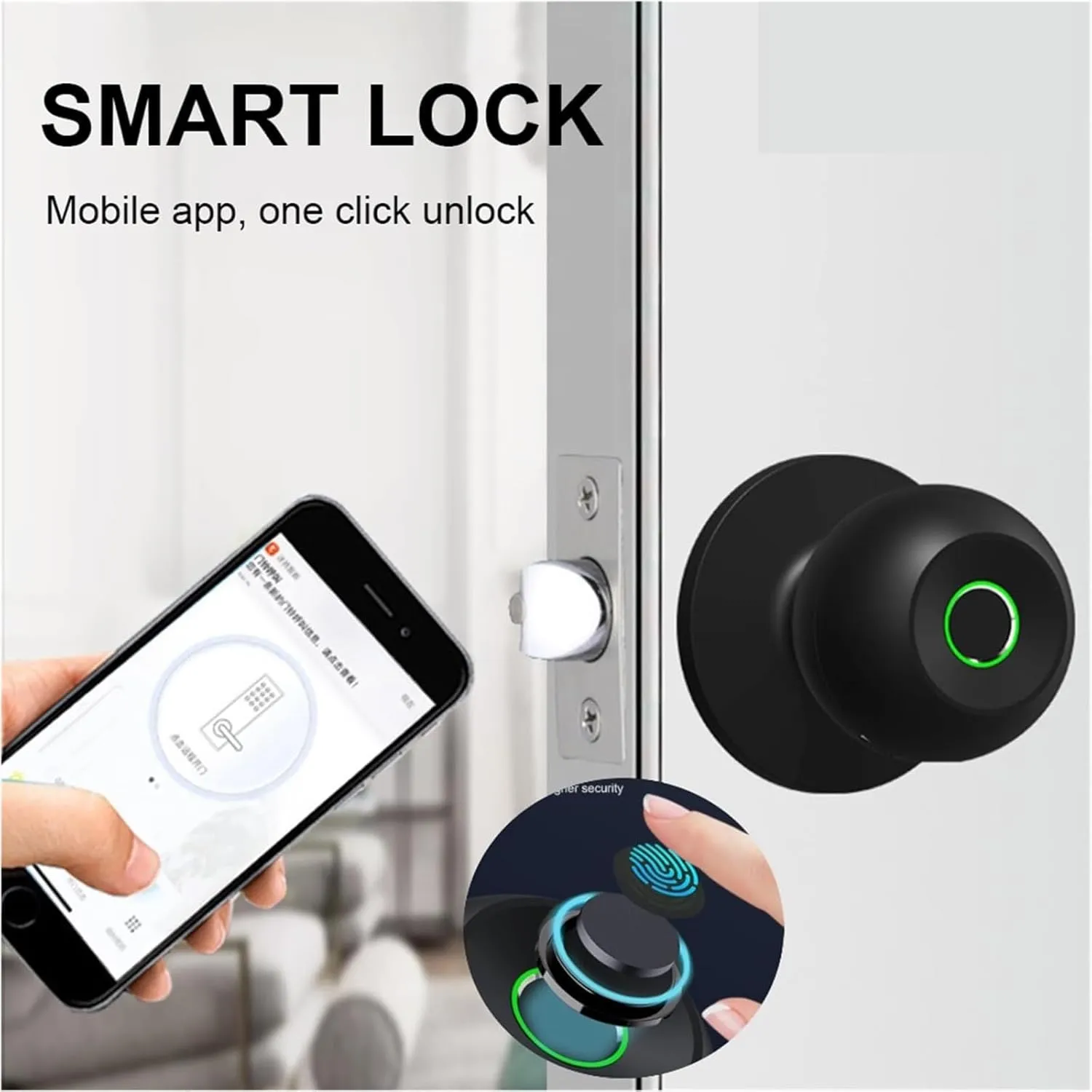Smart Lock Fingerprint Door Knob Rechargeable Keyless Entry Door Lock with Keys App Control for Bedrooms Cloakroom for Front Doors, Entry Doors and Exterior Doors