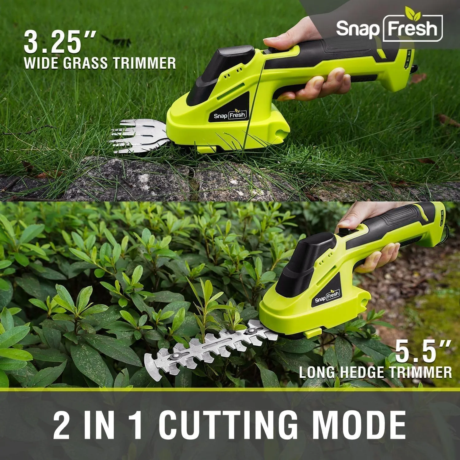 SnapFresh Cordless Grass Shear Bush Trimmer, 2 in 1 Handheld Hedge Trimmer, 7.2V Electric Grass Trimmers, Lightweight Shrubbery Trimmers Battery & Charger Included, Shrub Trimmer for Garden(Green)