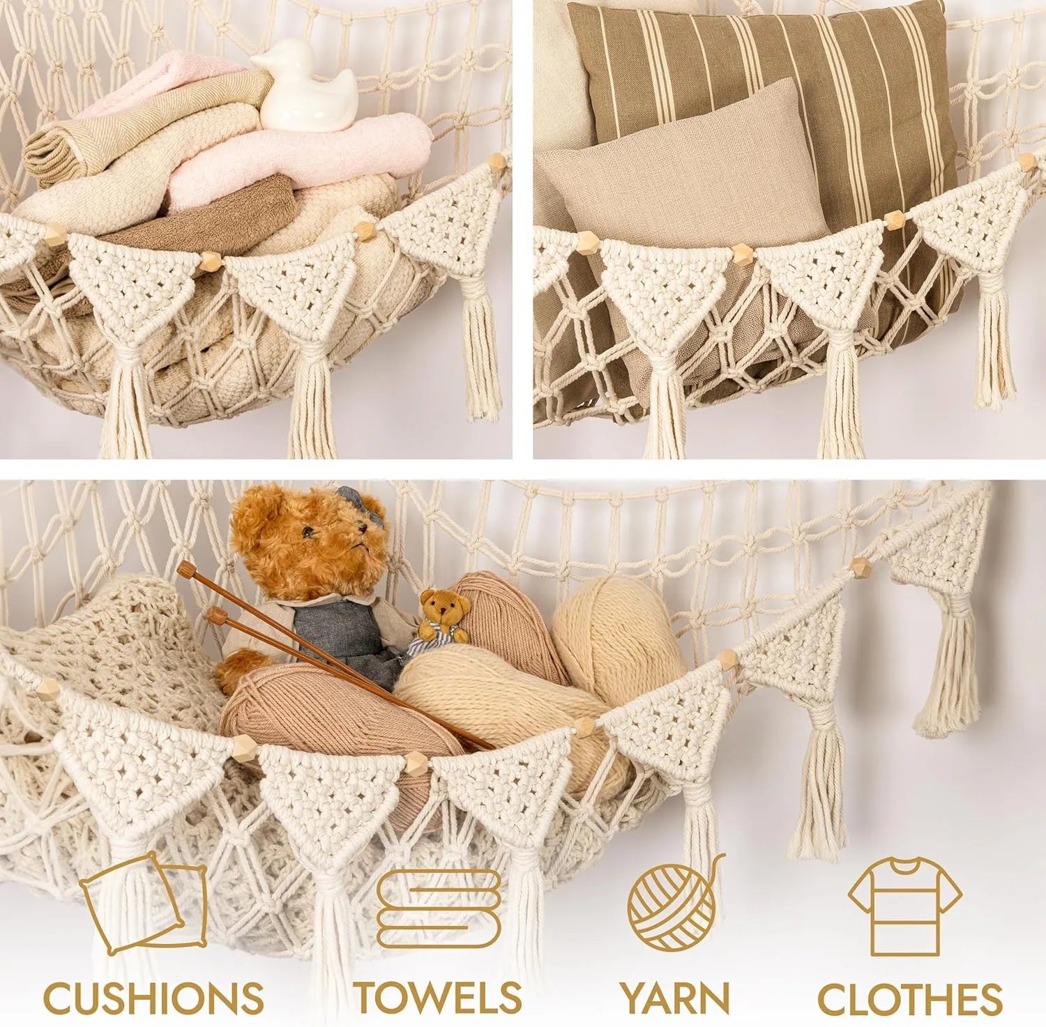 Snow White Macrame DreamLights Boho Stuffed Animal Storage Net (Extra Large) and Hammock for Small Plushies - Pure Cotton