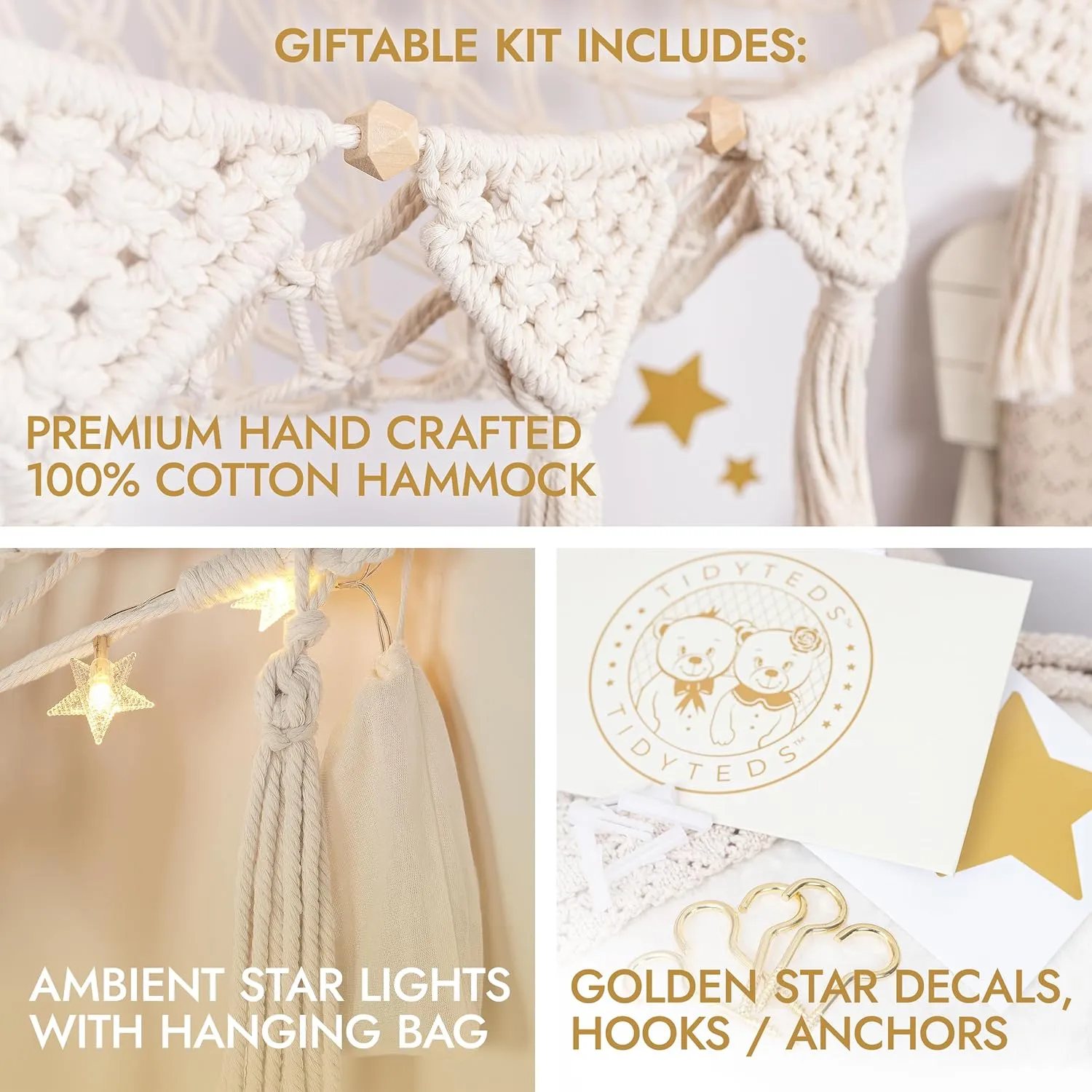 Snow White Macrame DreamLights Boho Stuffed Animal Storage Net (Extra Large) and Hammock for Small Plushies - Pure Cotton