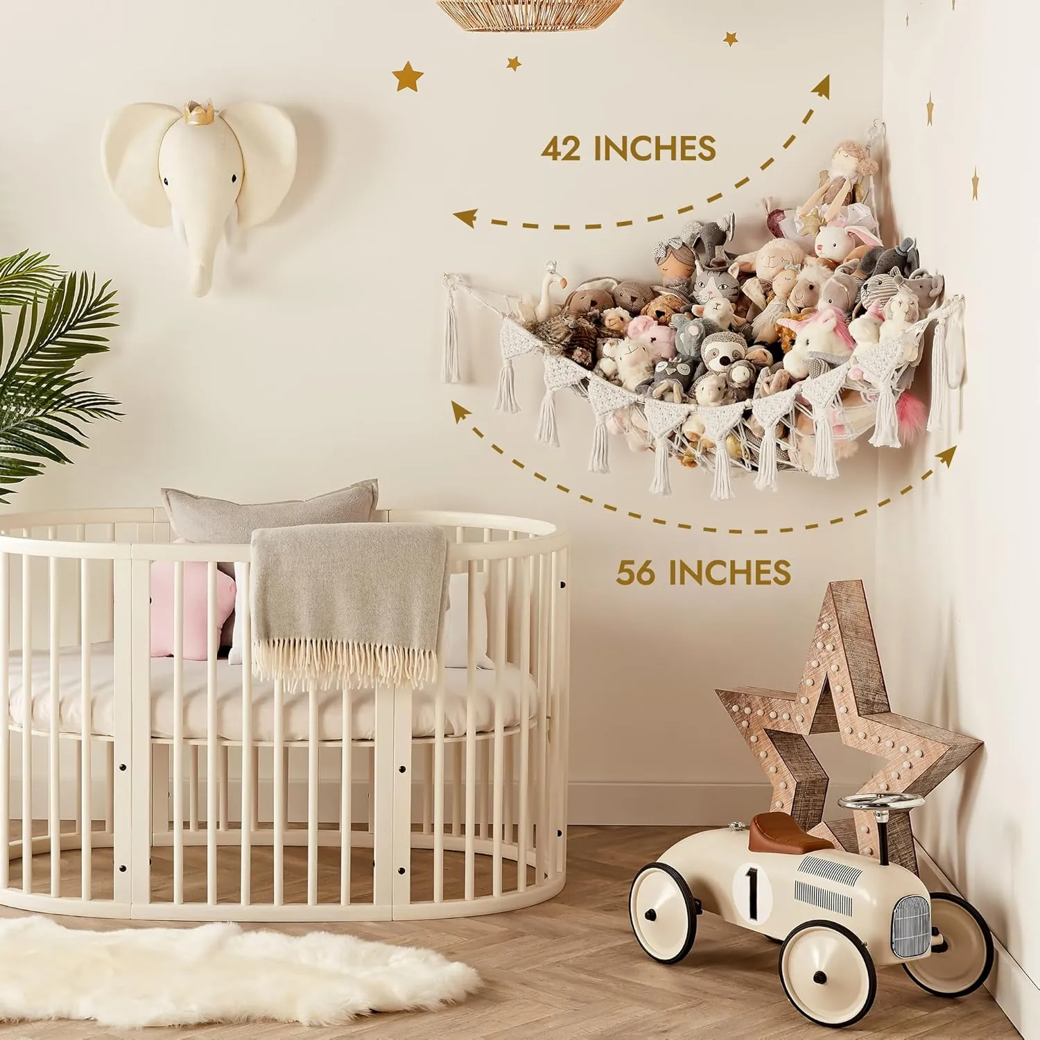 Snow White Macrame DreamLights Boho Stuffed Animal Storage Net (Extra Large) and Hammock for Small Plushies - Pure Cotton