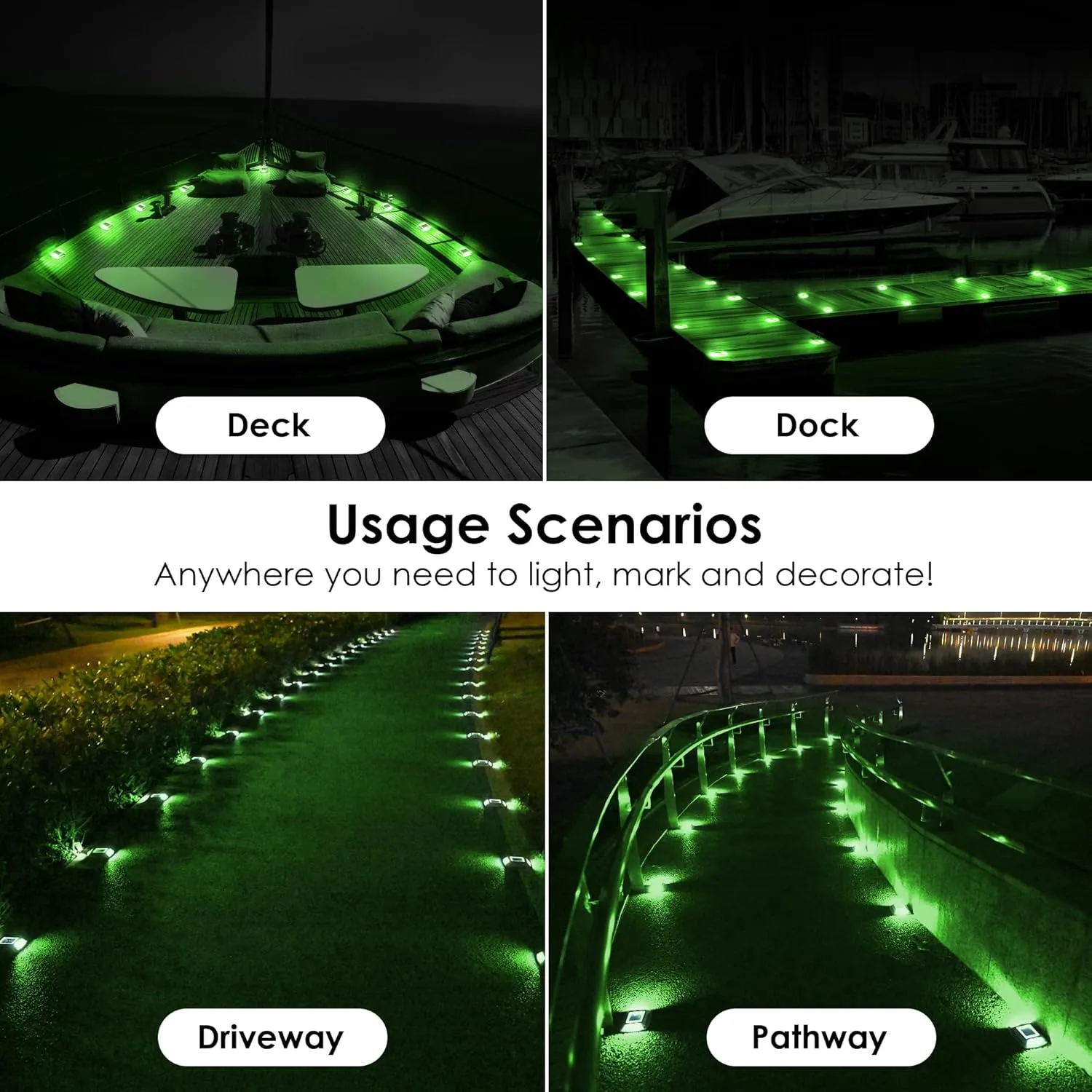 Solar Driveway Lights 12-Pack - 4 LED IP68 Waterproof Marine Solar Dock Lights | Solar Powered Safety Markers for Pathway/Sidewalk/Garden/Stair/Deck | Auto Dusk to Dawn (Green)