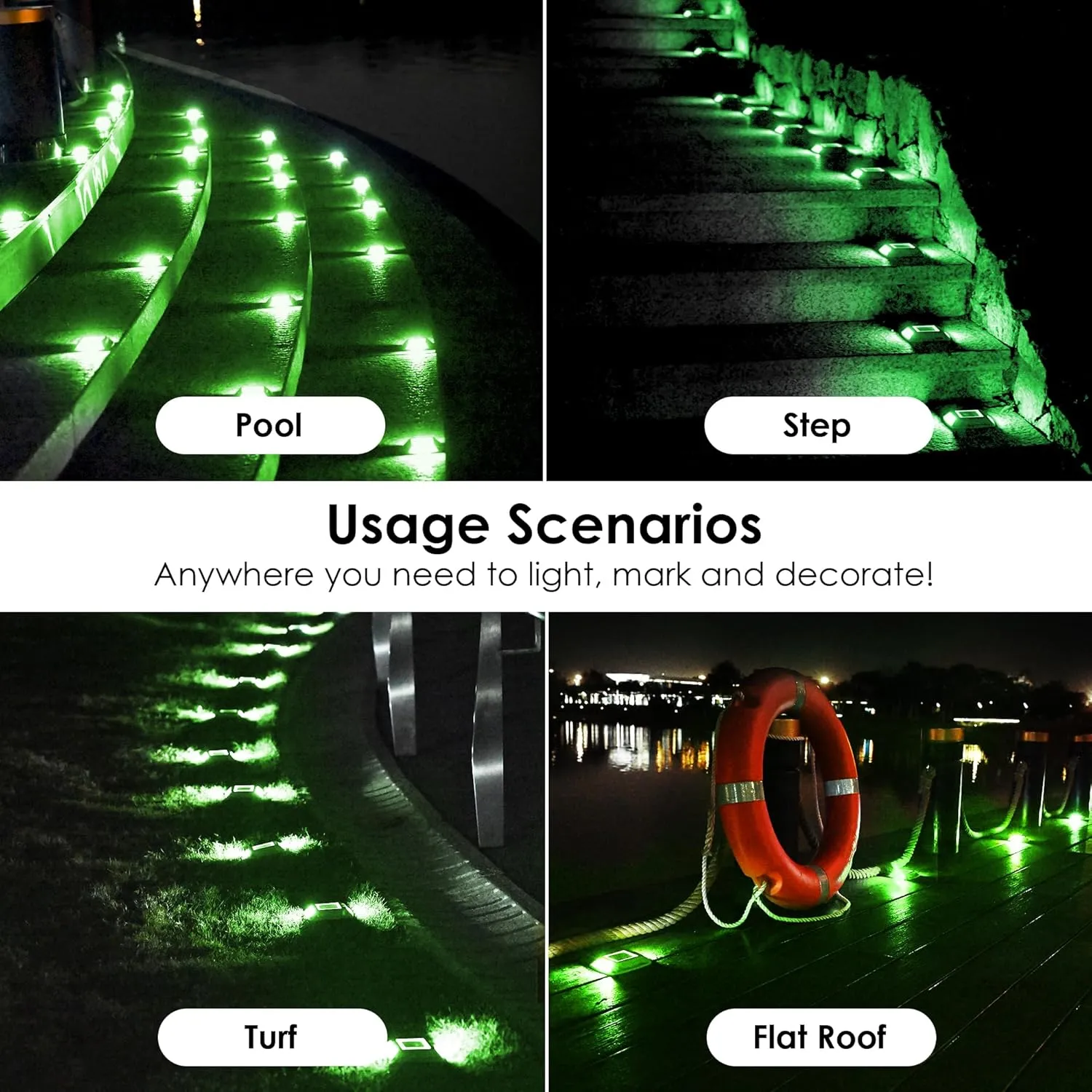Solar Driveway Lights 12-Pack - 4 LED IP68 Waterproof Marine Solar Dock Lights | Solar Powered Safety Markers for Pathway/Sidewalk/Garden/Stair/Deck | Auto Dusk to Dawn (Green)