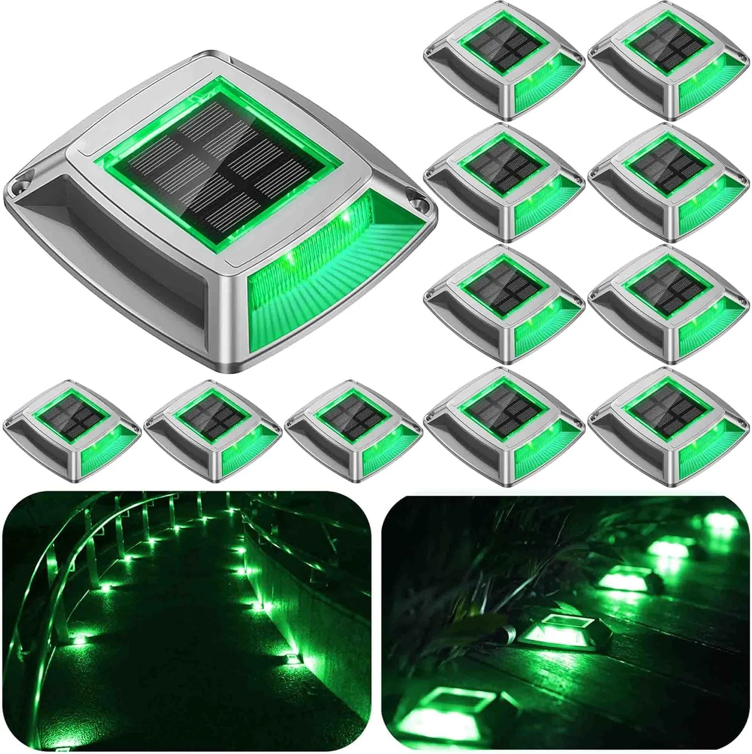 Solar Driveway Lights 12-Pack - 4 LED IP68 Waterproof Marine Solar Dock Lights | Solar Powered Safety Markers for Pathway/Sidewalk/Garden/Stair/Deck | Auto Dusk to Dawn (Green)