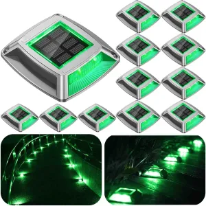 Solar Driveway Lights 12-Pack - 4 LED IP68 Waterproof Marine Solar Dock Lights | Solar Powered Safety Markers for Pathway/Sidewalk/Garden/Stair/Deck | Auto Dusk to Dawn (Green)