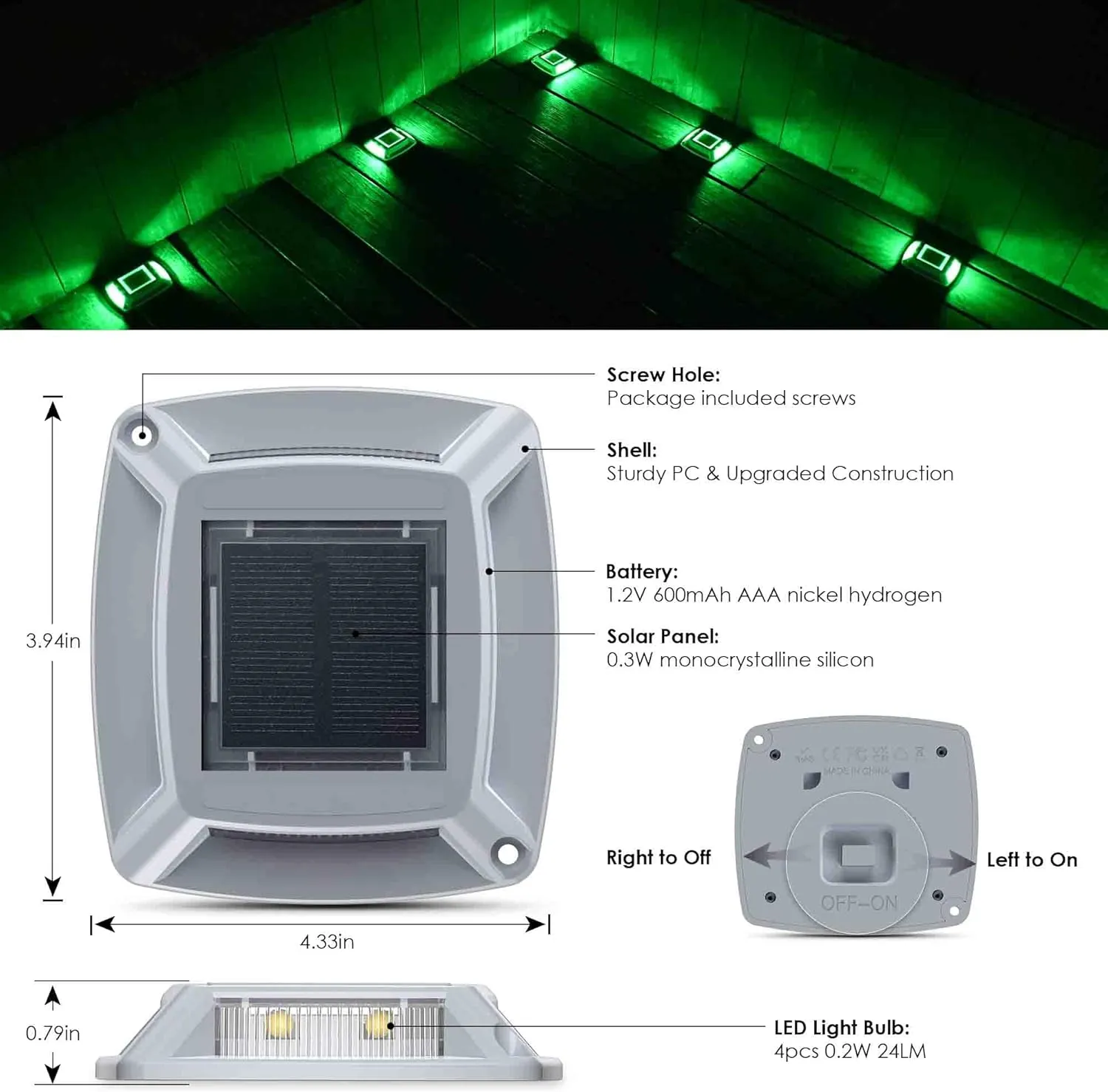 Solar Driveway Lights 12-Pack - 4 LED IP68 Waterproof Marine Solar Dock Lights | Solar Powered Safety Markers for Pathway/Sidewalk/Garden/Stair/Deck | Auto Dusk to Dawn (Green)