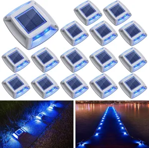 Solar Driveway Lights 16 Pack, Solar Powered IP68 Waterproof Dock Lights, 4 LED Driveway Markers Deck Light for Dock, Pathway, Walkway, Sidewalk, Garden, Yard, Stair, Marine Use (Blue)