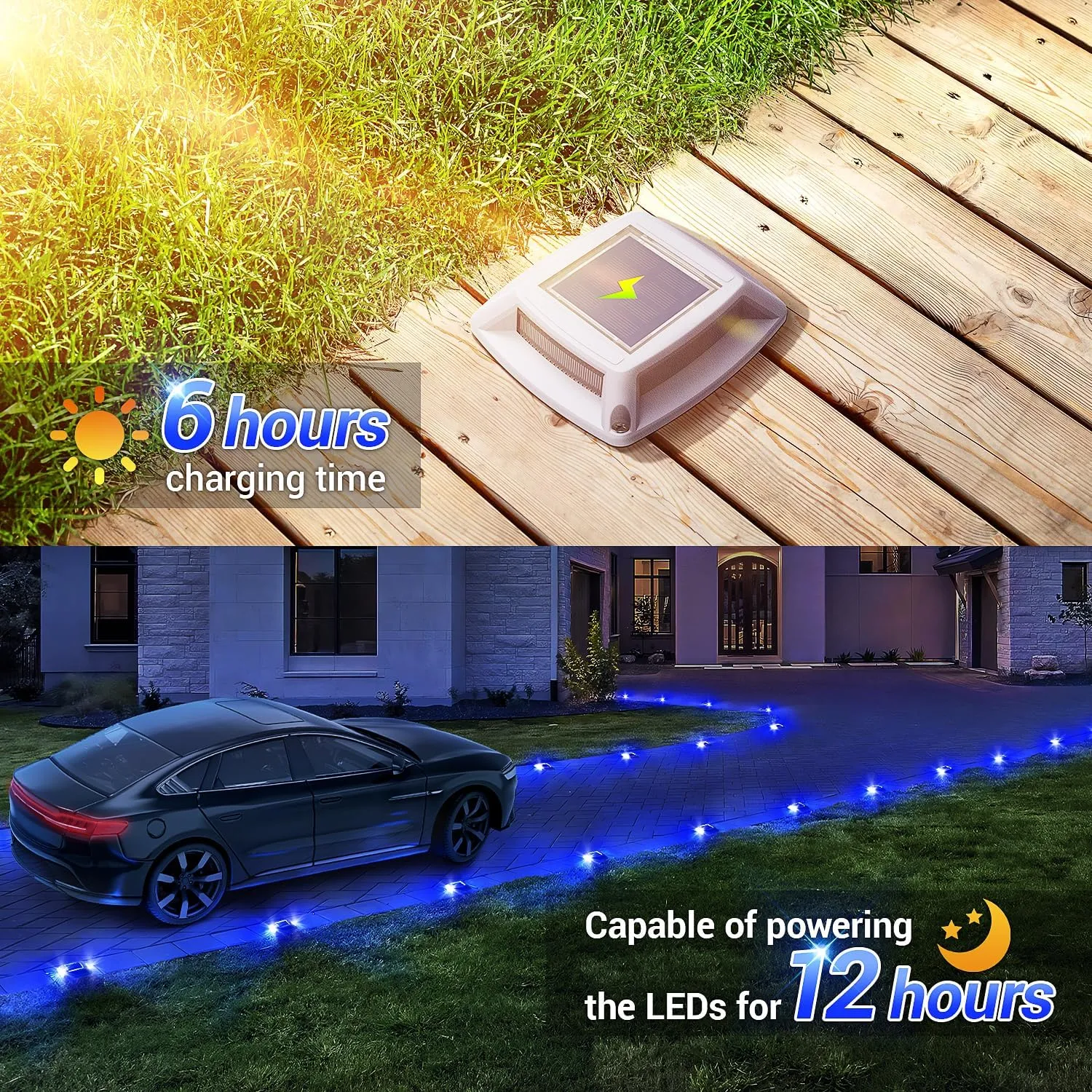 Solar Driveway Lights 16 Pack, Solar Powered IP68 Waterproof Dock Lights, 4 LED Driveway Markers Deck Light for Dock, Pathway, Walkway, Sidewalk, Garden, Yard, Stair, Marine Use (Blue)