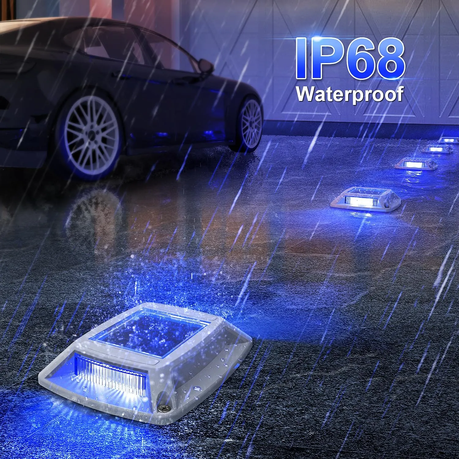 Solar Driveway Lights 16 Pack, Solar Powered IP68 Waterproof Dock Lights, 4 LED Driveway Markers Deck Light for Dock, Pathway, Walkway, Sidewalk, Garden, Yard, Stair, Marine Use (Blue)