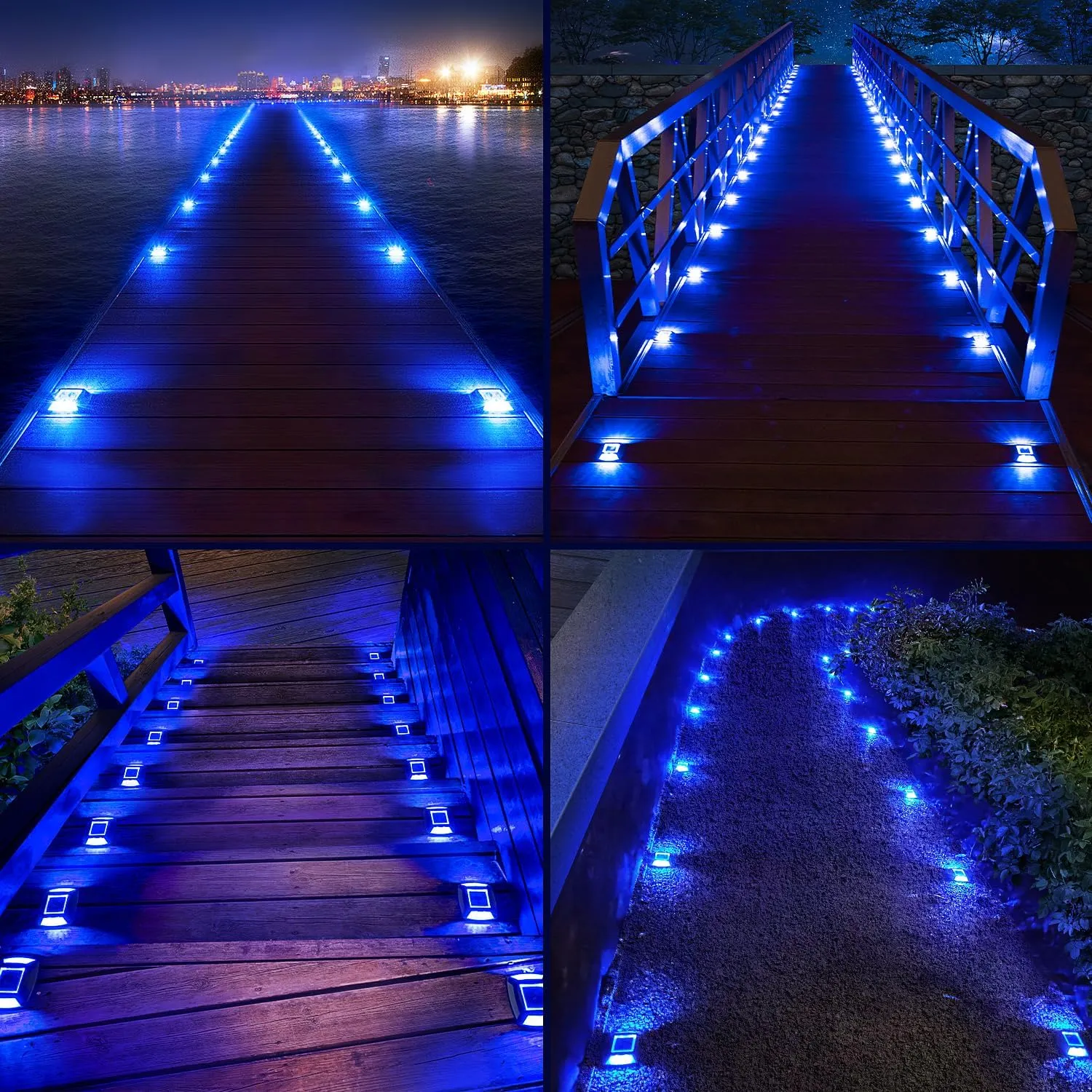 Solar Driveway Lights 16 Pack, Solar Powered IP68 Waterproof Dock Lights, 4 LED Driveway Markers Deck Light for Dock, Pathway, Walkway, Sidewalk, Garden, Yard, Stair, Marine Use (Blue)