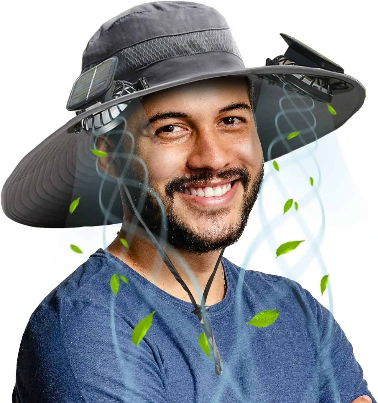Solar Fan Sun Hat, Widen Brim Outdoor Fishing Men Hat with 2 Fans, Adjsutable 180°Rotating Cooling UPF 50 