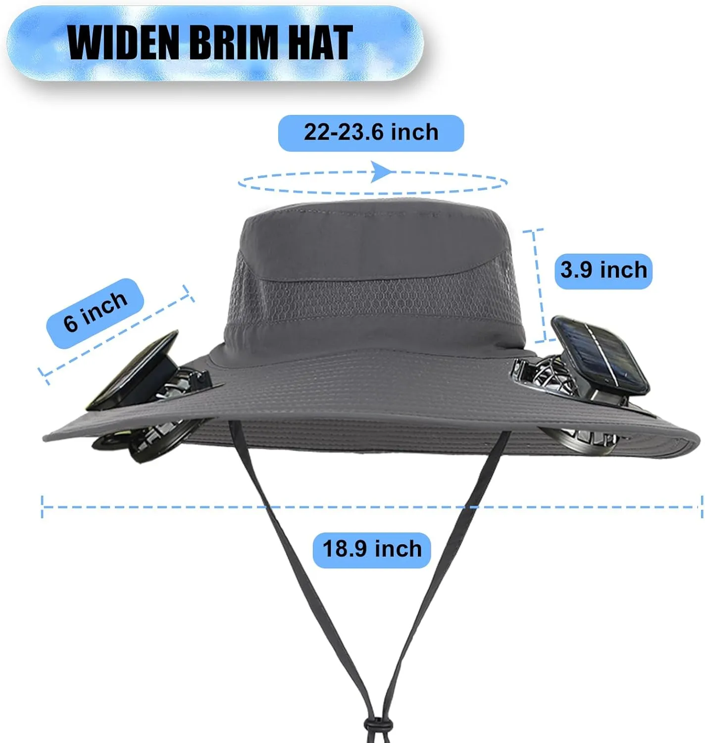 Solar Fan Sun Hat, Widen Brim Outdoor Fishing Men Hat with 2 Fans, Adjsutable 180°Rotating Cooling UPF 50 