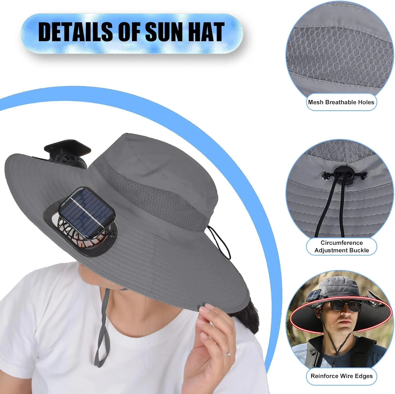 Solar Fan Sun Hat, Widen Brim Outdoor Fishing Men Hat with 2 Fans, Adjsutable 180°Rotating Cooling UPF 50 