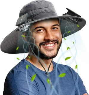 Solar Fan Sun Hat, Widen Brim Outdoor Fishing Men Hat with 2 Fans, Adjsutable 180°Rotating Cooling UPF 50 