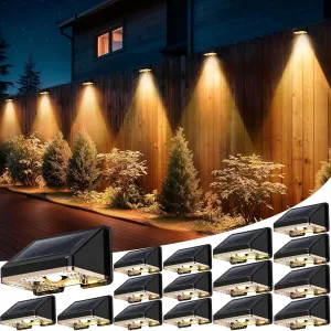 Solar Fence Lights Outdoor 16-Pack | IP67 Waterproof Wall Lights | Dusk to Dawn Auto-On/Off, Easy to Install | Decorative Solar Lights for Deck, Patio, Yard, Step, Garage, Pool (Warm White)