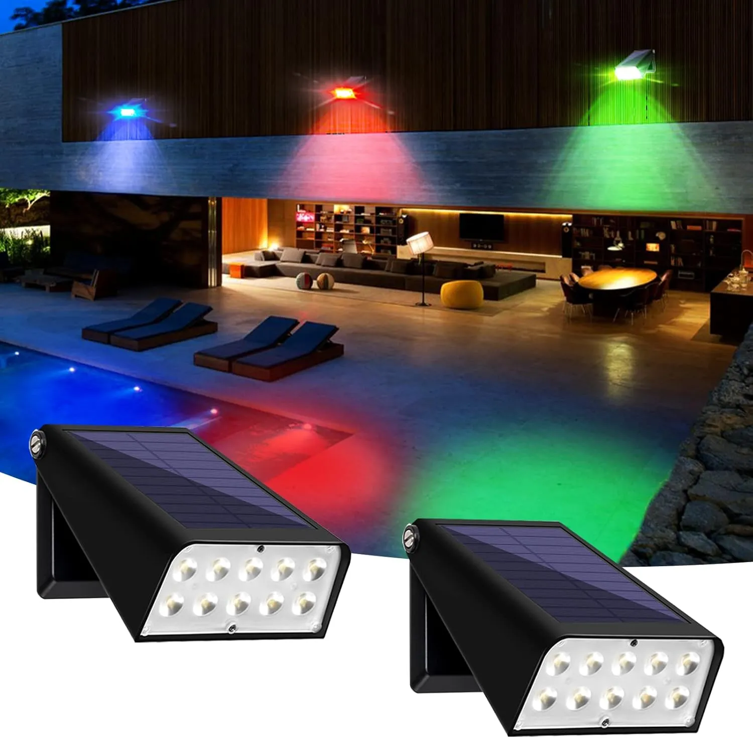 Solar Fence Lights Outdoor Waterproof, Deck Lights with White/RGB/Color Changing, 6 Lighting Modes, 90° Rotating Light, Dusk to Dawn,Waterproof for Patio/Driveway/Landscape/Garden/Pool, 2 Pack