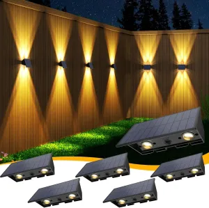 Solar Fence Lights,6Pack Solar Lights Outdoor Warm White Up & Down Wall Lights Waterproof 100 Lumens Dusk to Dawn Solar Powered Fence Light for Outside/Backyard/Pool/Railing/Patio/Porch/Step