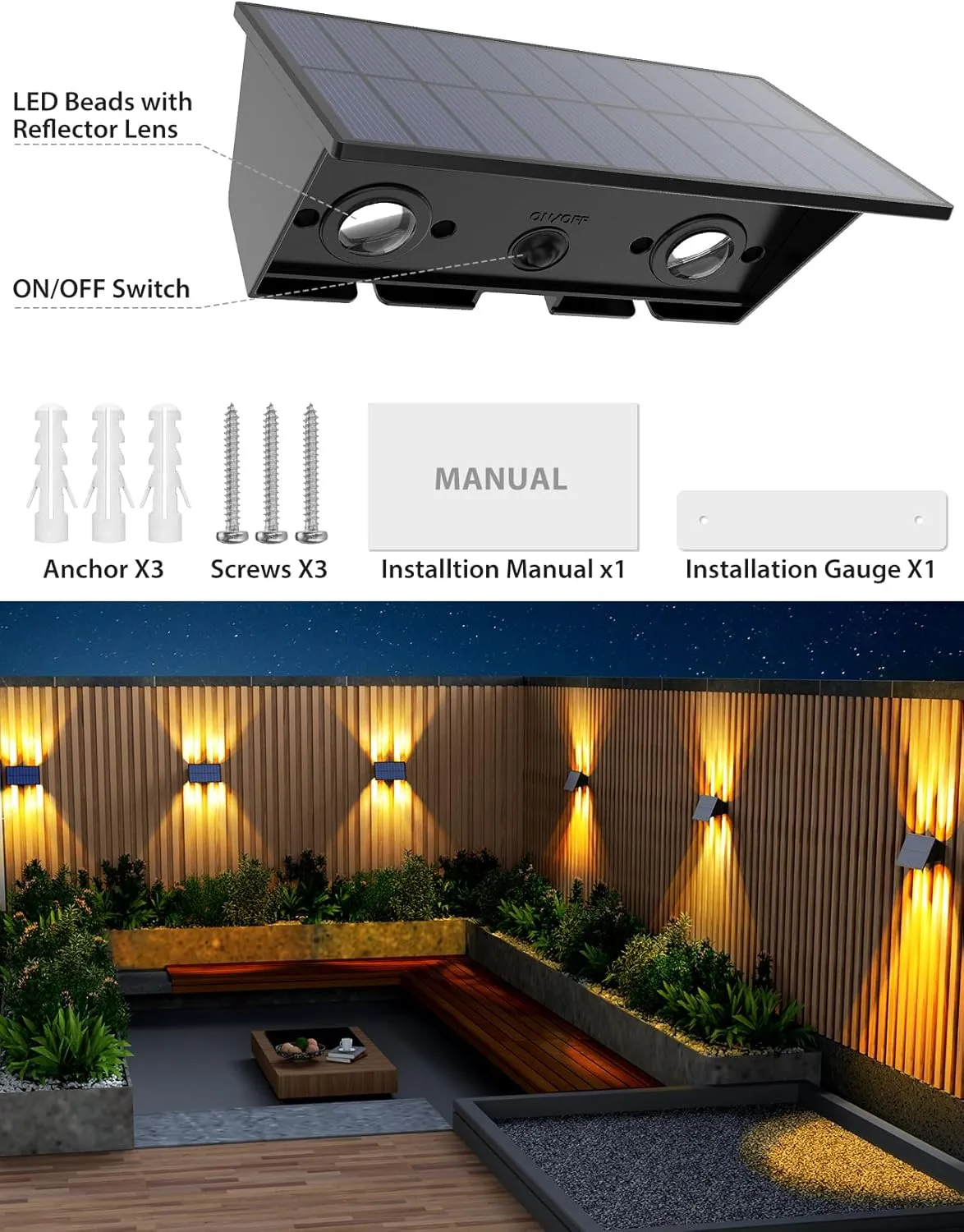 Solar Fence Lights,6Pack Solar Lights Outdoor Warm White Up & Down Wall Lights Waterproof 100 Lumens Dusk to Dawn Solar Powered Fence Light for Outside/Backyard/Pool/Railing/Patio/Porch/Step