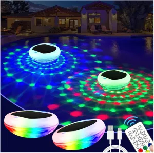 Solar Floating Pool Lights: 2 Pack USB Rechargeable Pool Lights That Float 6 Dynamic Modes with Remote IP68 Waterproof Hang RGB Upper and Lower Floating Light for Pond Garden Party Yard