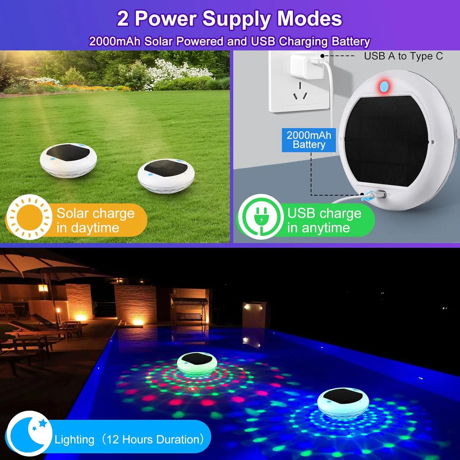 Solar Floating Pool Lights: 2 Pack USB Rechargeable Pool Lights That Float 6 Dynamic Modes with Remote IP68 Waterproof Hang RGB Upper and Lower Floating Light for Pond Garden Party Yard