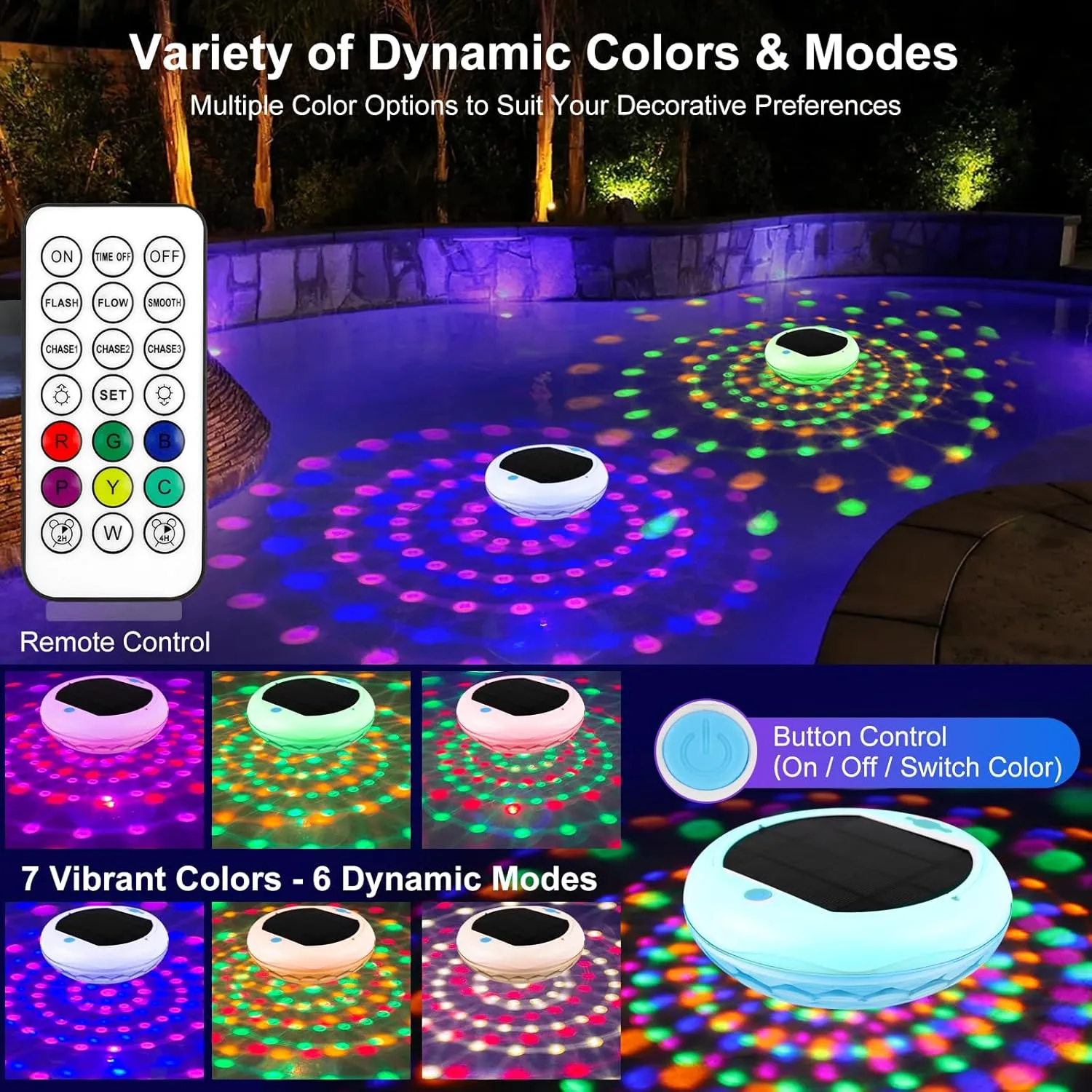 Solar Floating Pool Lights: 2 Pack USB Rechargeable Pool Lights That Float 6 Dynamic Modes with Remote IP68 Waterproof Hang RGB Upper and Lower Floating Light for Pond Garden Party Yard
