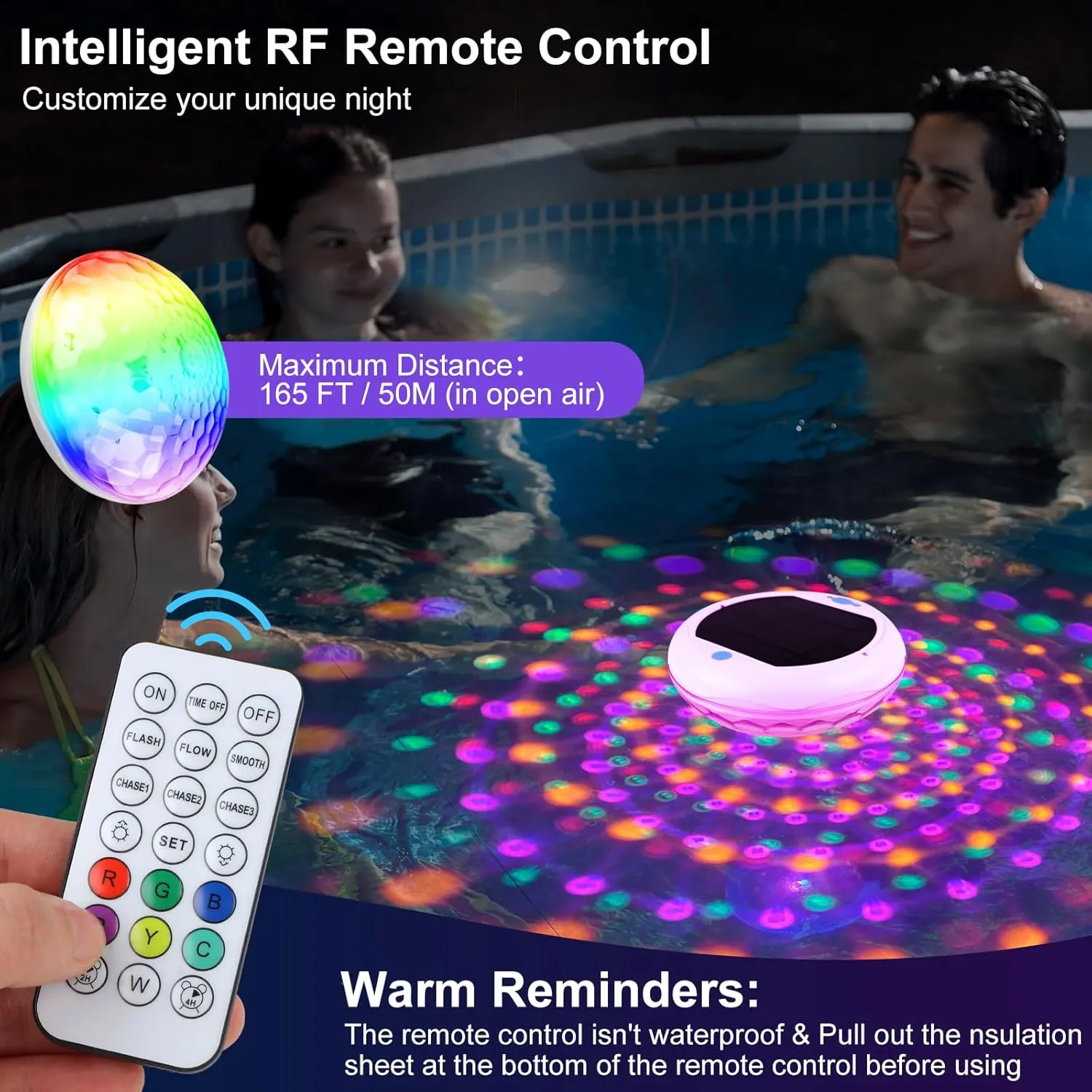 Solar Floating Pool Lights: 2 Pack USB Rechargeable Pool Lights That Float 6 Dynamic Modes with Remote IP68 Waterproof Hang RGB Upper and Lower Floating Light for Pond Garden Party Yard
