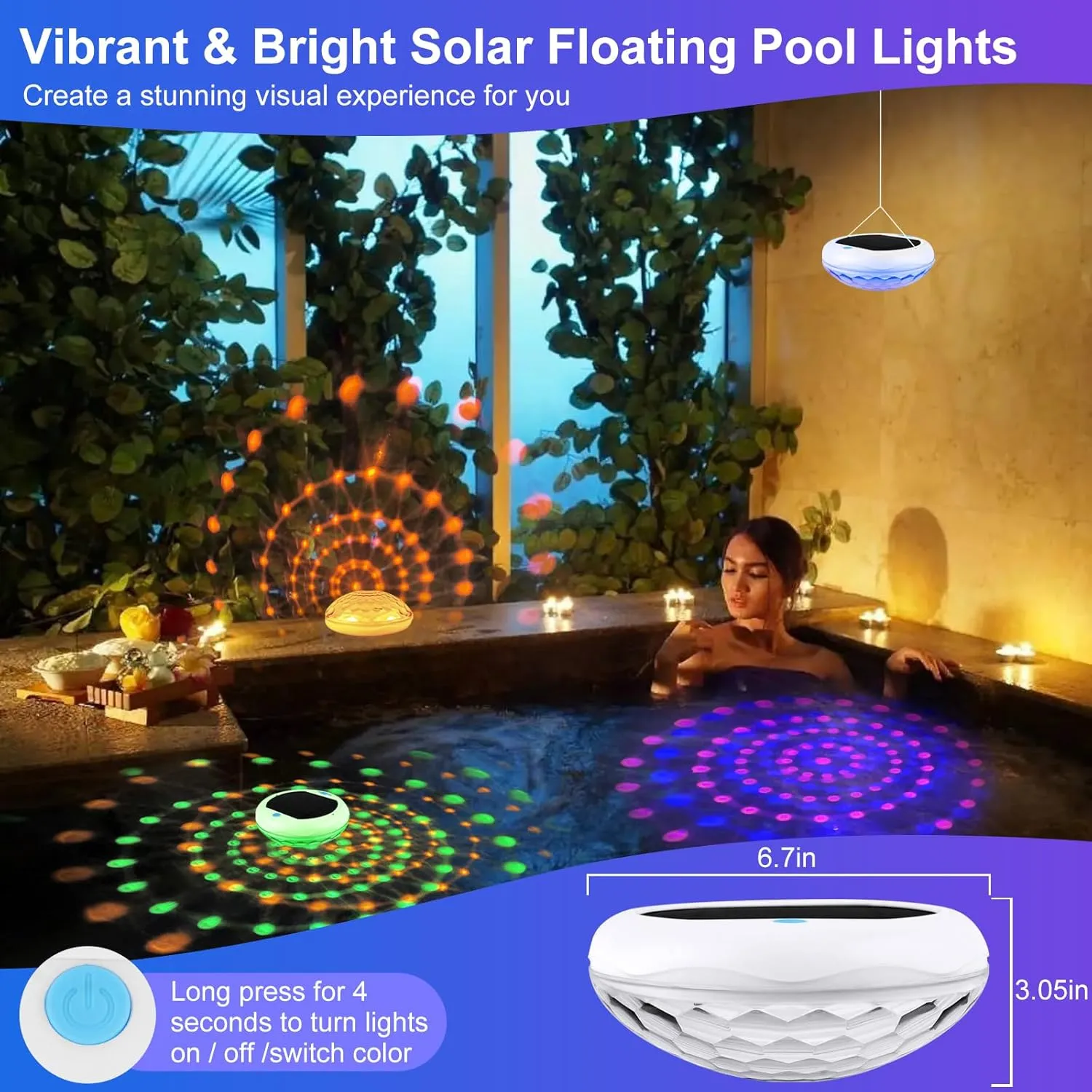 Solar Floating Pool Lights: 2 Pack USB Rechargeable Pool Lights That Float 6 Dynamic Modes with Remote IP68 Waterproof Hang RGB Upper and Lower Floating Light for Pond Garden Party Yard