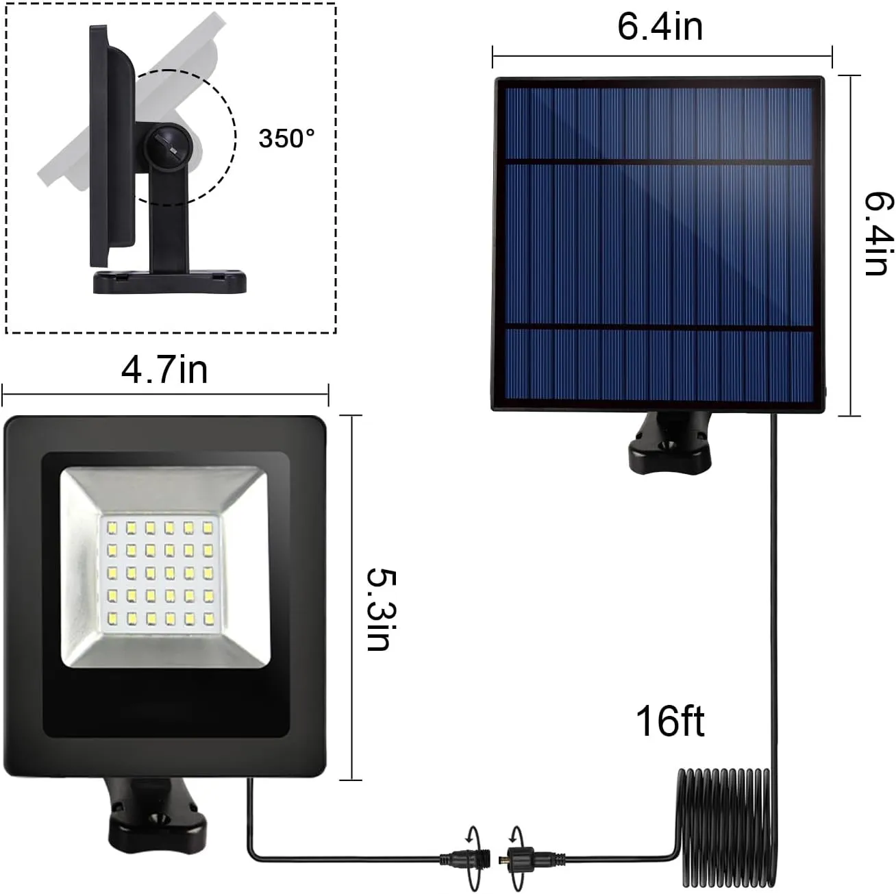 Solar Flood Lights Outdoor Waterproof with 16FT Cord Dusk to Dawn LED Solar Spot Light Outside 6000K Security Spotlights for Wall, Porch, Barn, Garage, Yard, Patio, Garden, Landscape Lighting(White)