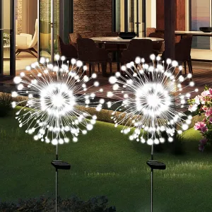 Solar Garden Lights Solar Firework Light Outdoor Waterproof 2 Pack Solar Powered Art Stake Twinkle Lights Outside Decor 180 LED Sparklers String Light for Yard Pathway Decorations (White)