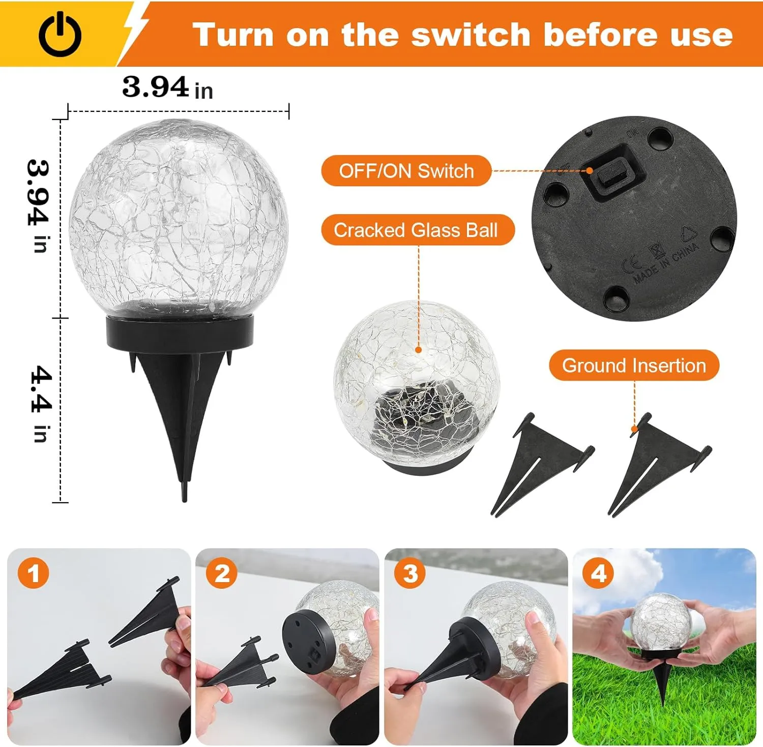 Solar Globe Lights Outdoor Waterproof Cracked Glass Ball for Lawn Patio Yard Backyard Decorations, 4 Pack