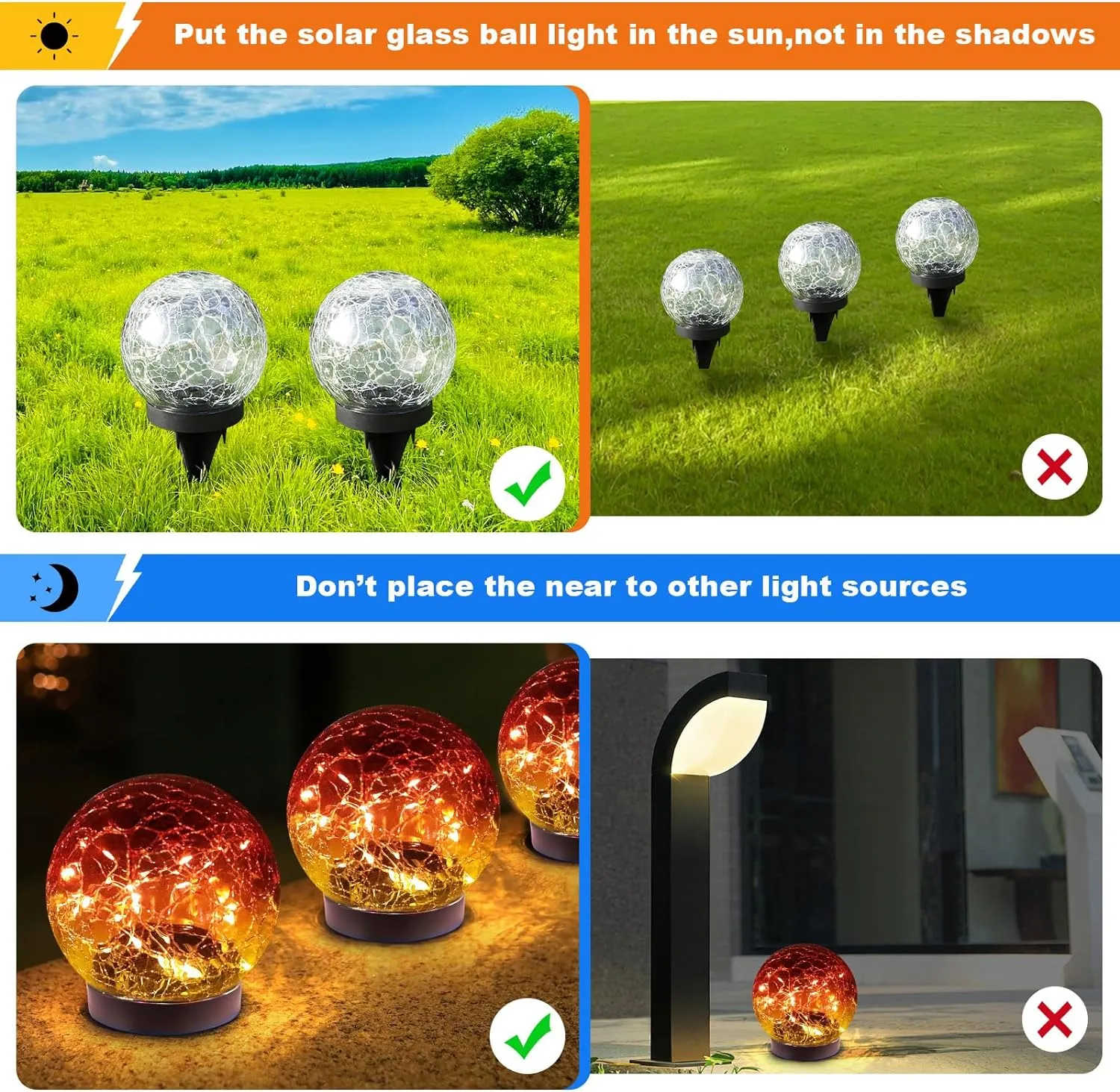 Solar Globe Lights Outdoor Waterproof Cracked Glass Ball for Lawn Patio Yard Backyard Decorations, 4 Pack