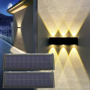 Solar Lights Outdoor Waterproof 3000K Warm Aluminum Dusk to Dawn Lighting Wall Sconce Up Down for Outside, Fence, Walkway, Porch, Deck