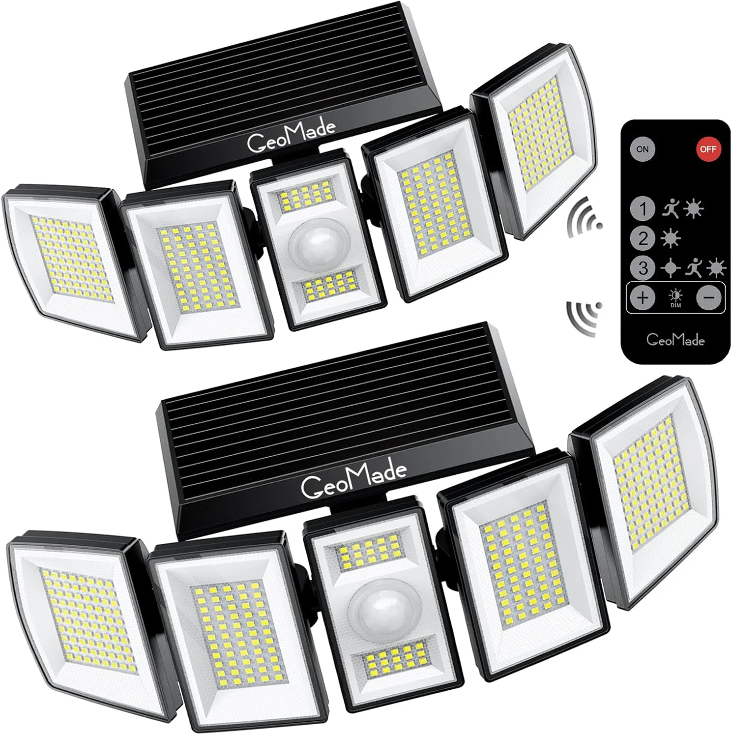 Solar Outdoor Lights, Flood Light Motion Sensor & Dusk to Dawn, Solar Spotlights Outdoor Waterproof, 300 Security LED & Remote Control, 5 Head 270°, Spot lamp for Wall Backyard, 2 Pack