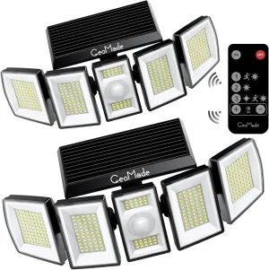 Solar Outdoor Lights, Flood Light Motion Sensor & Dusk to Dawn, Solar Spotlights Outdoor Waterproof, 300 Security LED & Remote Control, 5 Head 270°, Spot lamp for Wall Backyard, 2 Pack