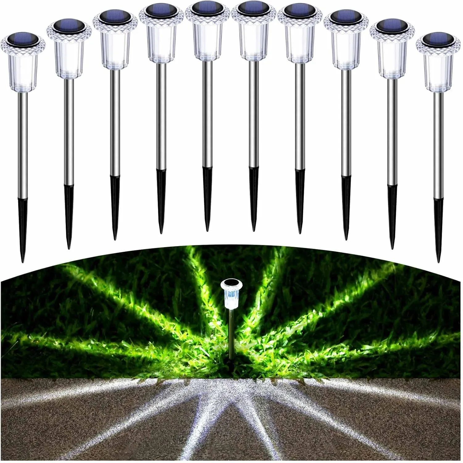 Solar Pathway Lights 10 Pack Solar Outdoor Lights, Led Waterproof Yard Walkway Lighting Stainless Steel Garden Stake for Outside, Path, Landscape, Lawn, Driveway, Backyard(Cold White)